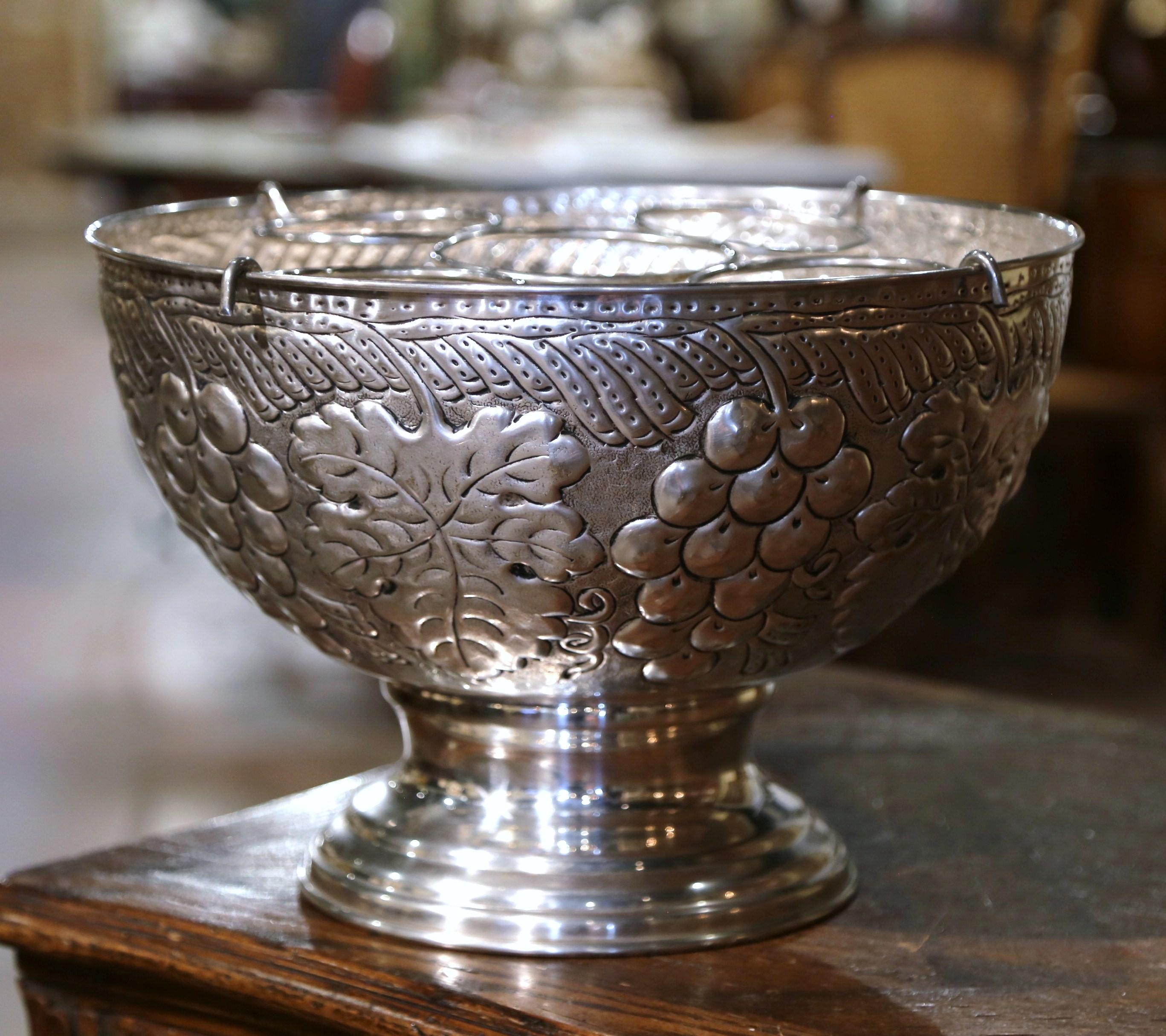 Mid-Century French Brass Silver Plated Wine Cooler with Repousse Vine Motifs For Sale 1
