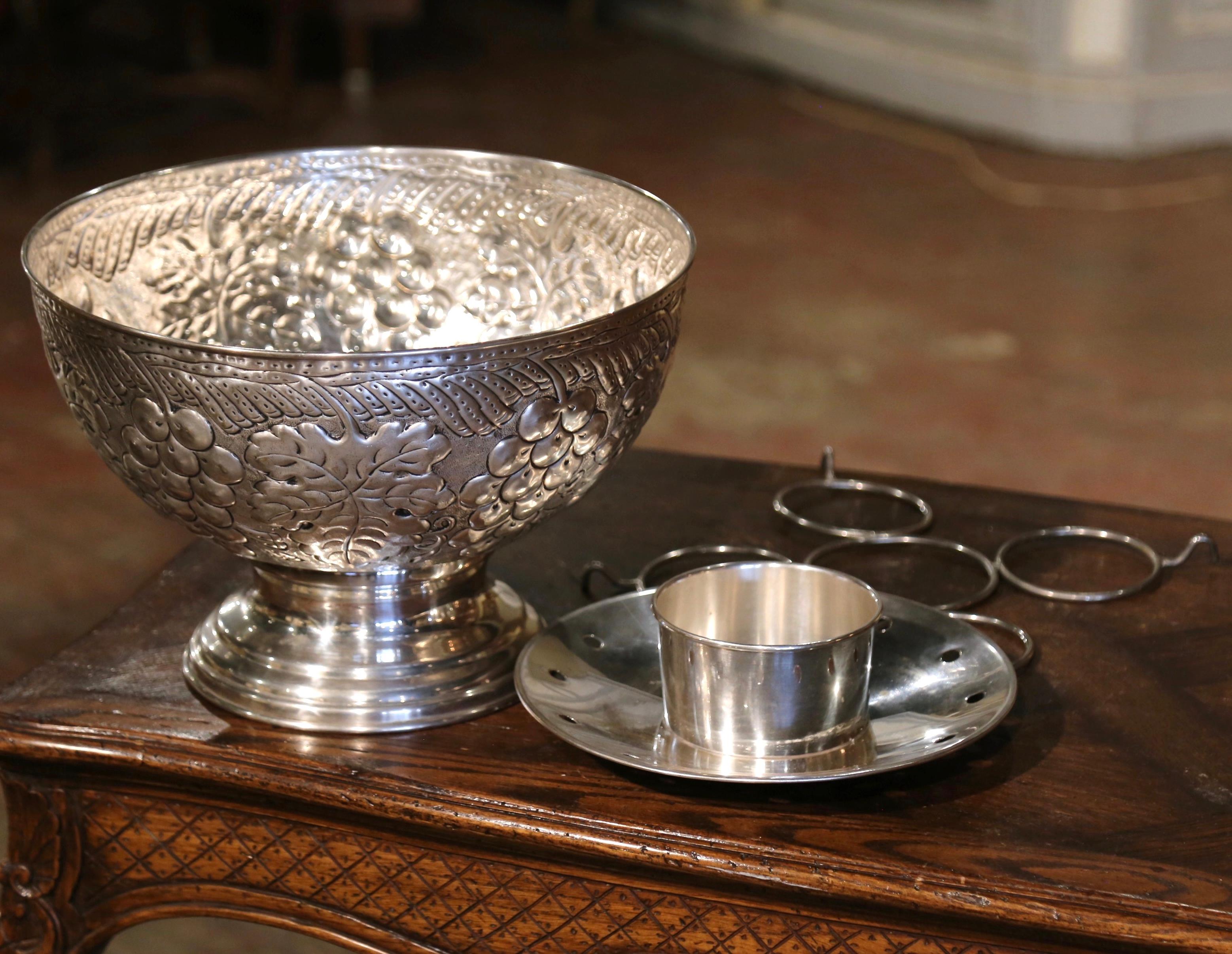 Mid-Century French Brass Silver Plated Wine Cooler with Repousse Vine Motifs For Sale 4
