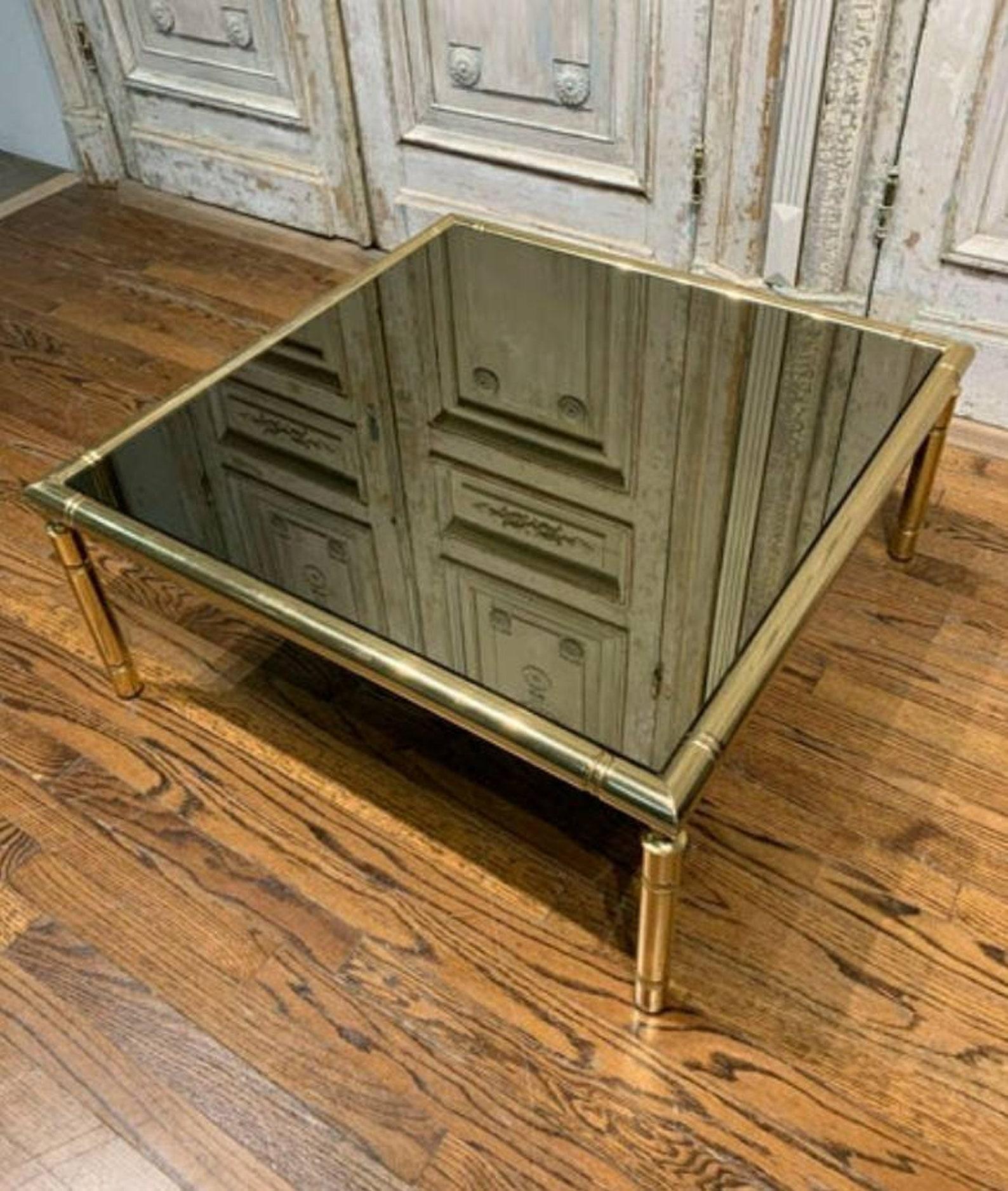 Mid-Century French Brass Smoked Glass Coffee Table In Good Condition For Sale In Forney, TX
