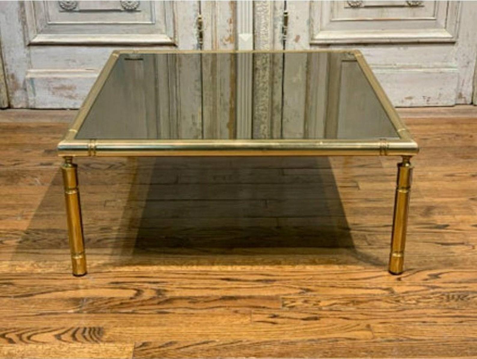 Mid-Century French Brass Smoked Glass Coffee Table For Sale 1
