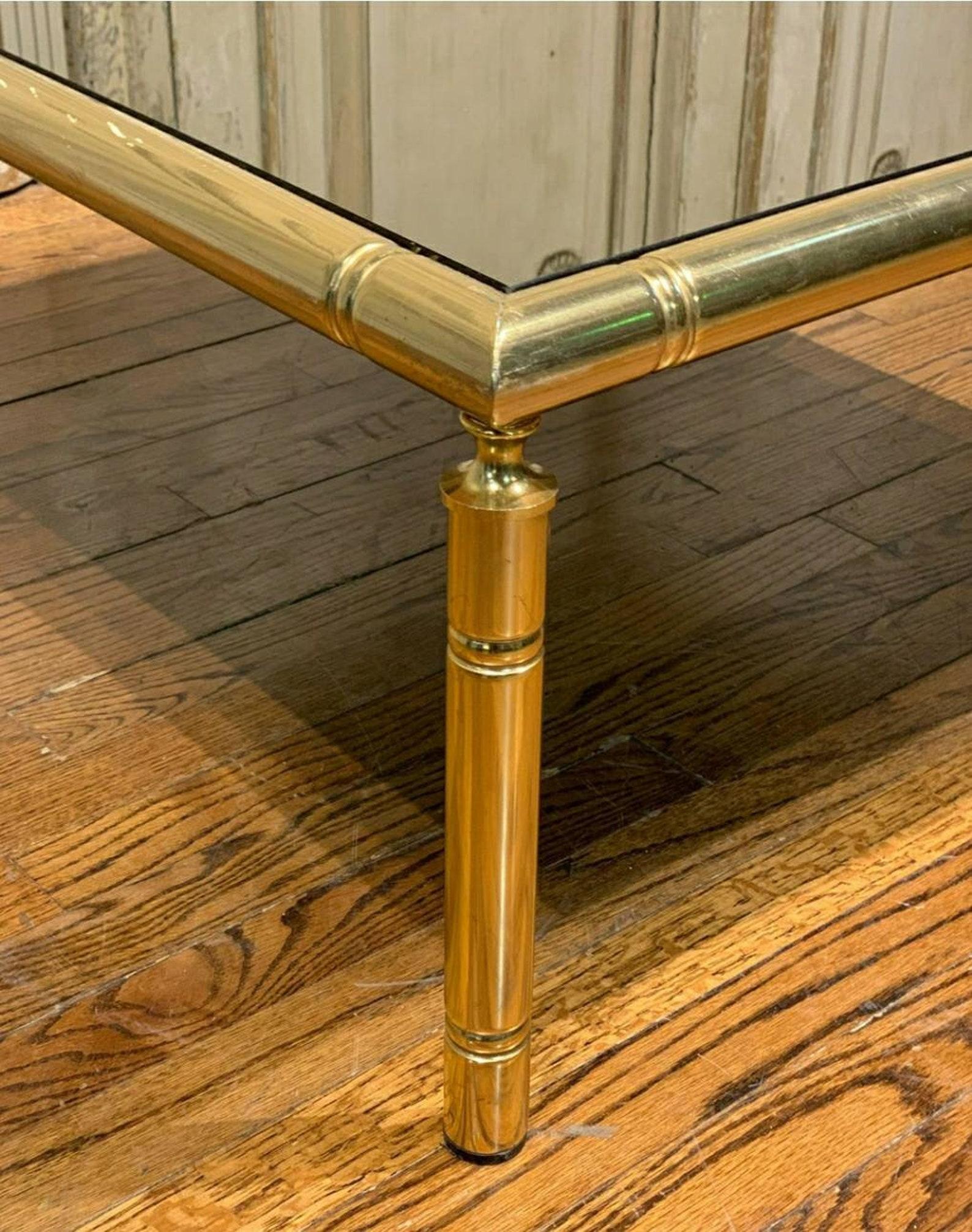 Mid-Century French Brass Smoked Glass Coffee Table For Sale 3