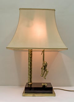 Midcentury French Brass Table Lamp "Monkey Hanging from Tree" by Maison Charles