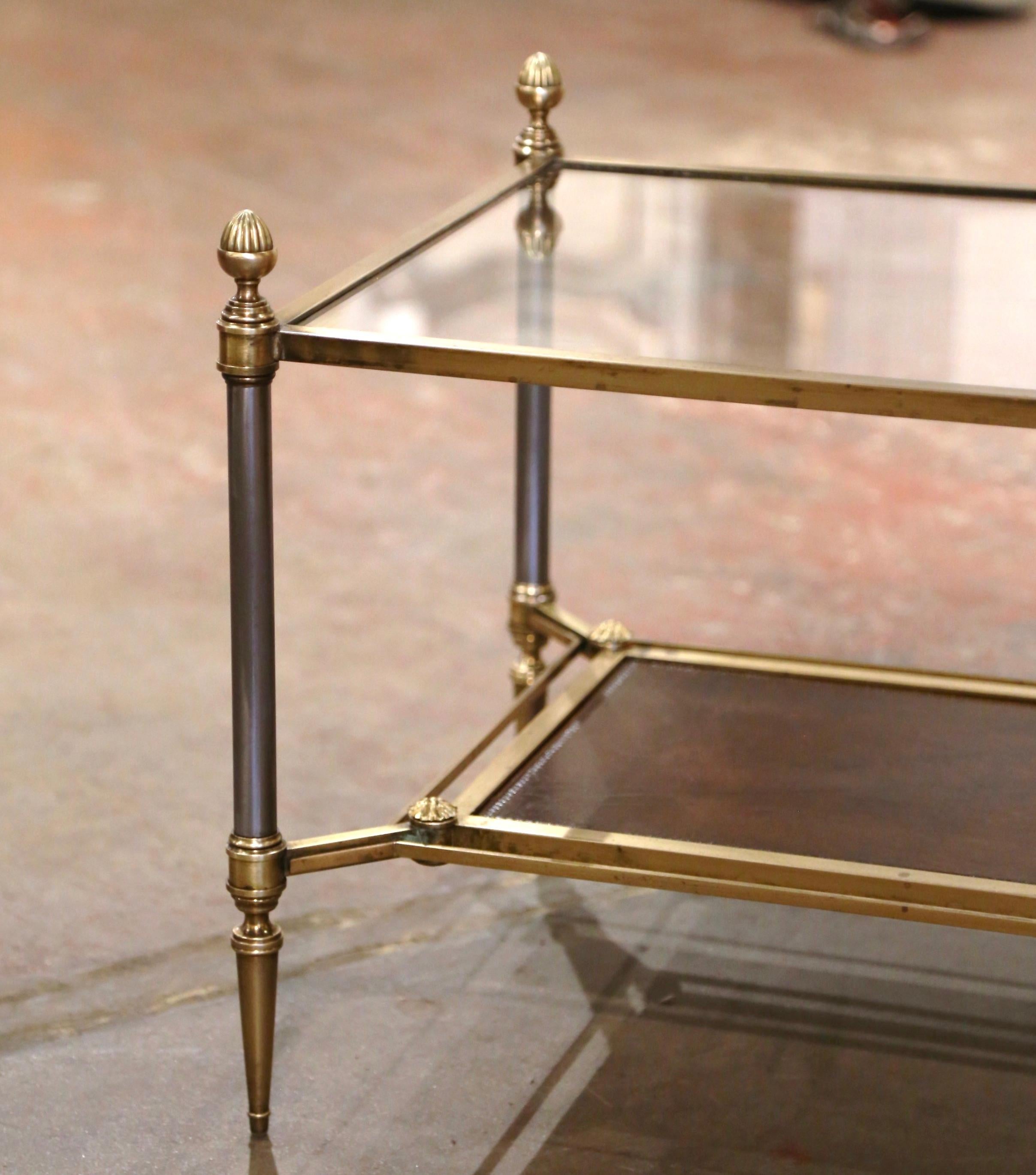 Directoire Mid-Century French Bronze and Leather Two-Tier Coffee Table from Maison Jansen
