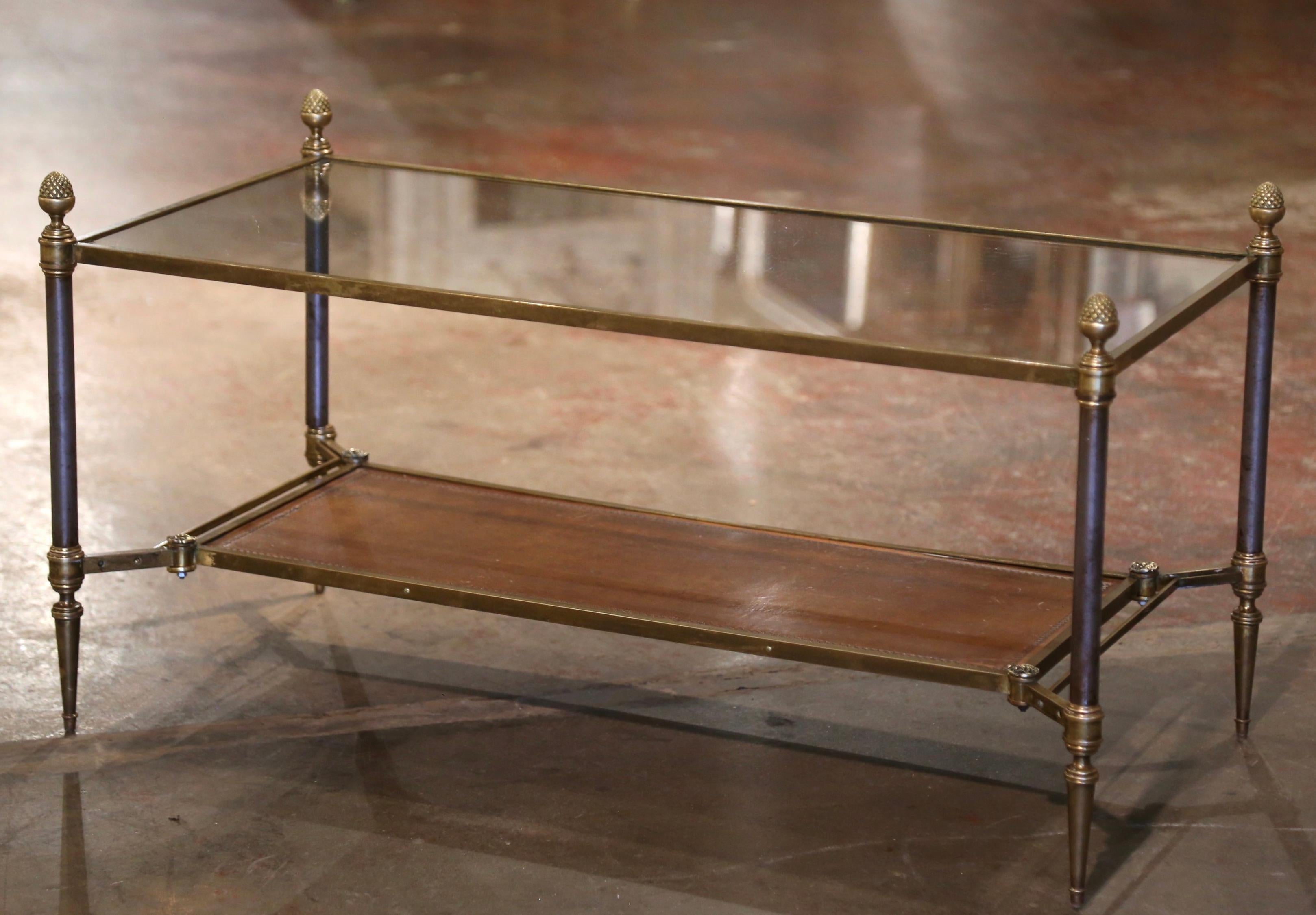 Embossed Mid-Century French Bronze and Leather Two-Tier Coffee Table from Maison Jansen