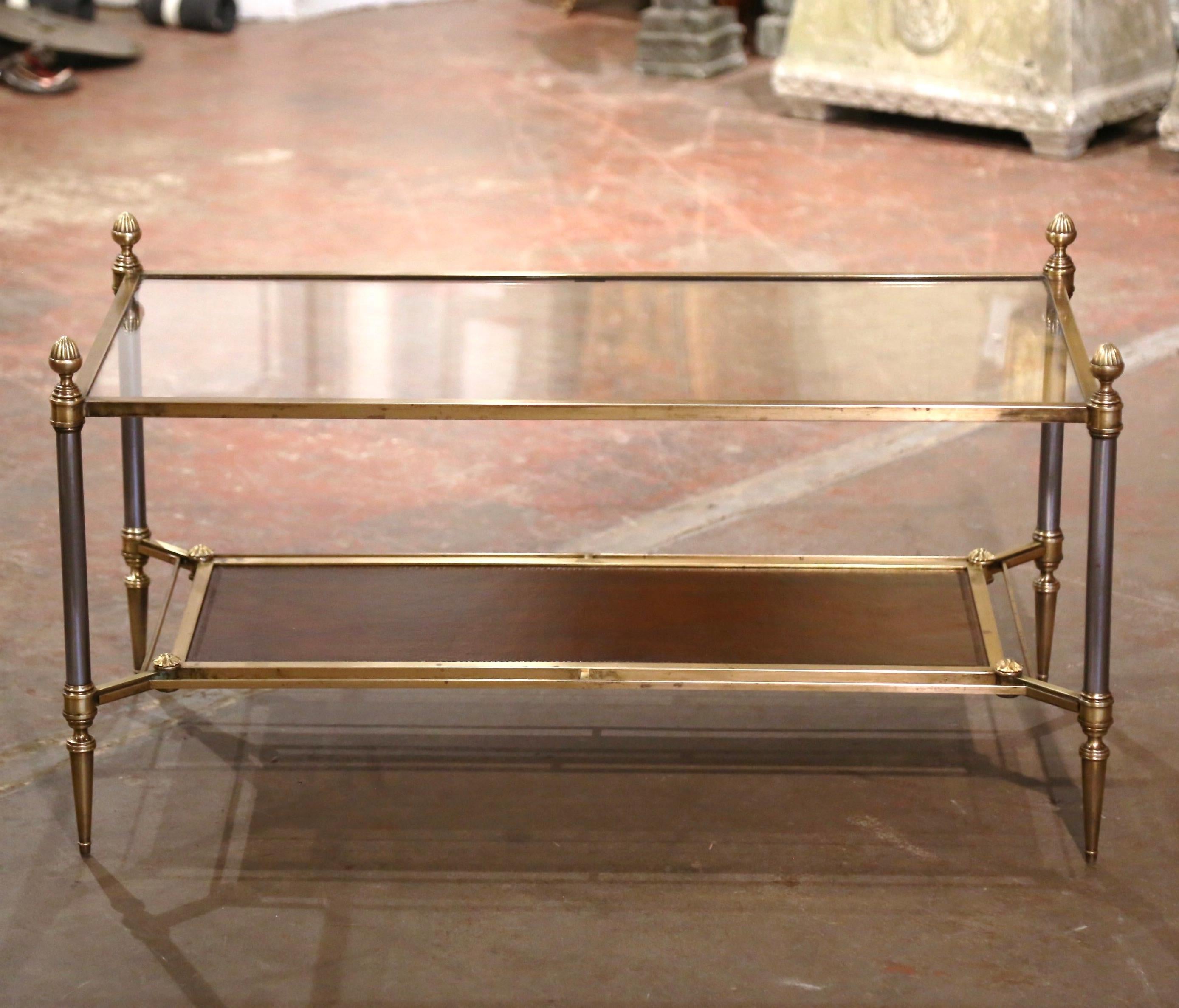 Mid-Century French Bronze and Leather Two-Tier Coffee Table from Maison Jansen In Excellent Condition In Dallas, TX