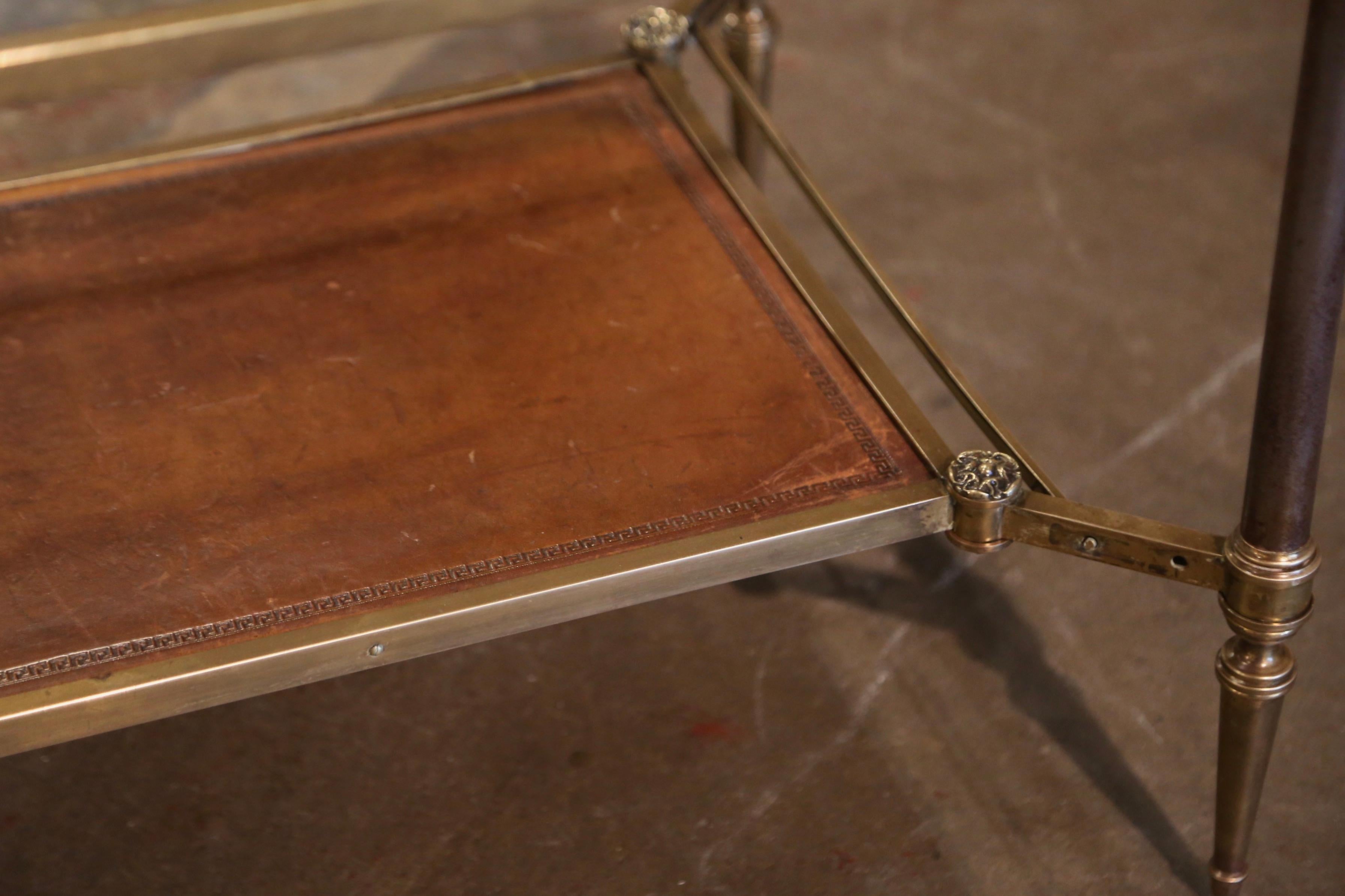 Mid-Century French Bronze and Leather Two-Tier Coffee Table from Maison Jansen In Excellent Condition In Dallas, TX