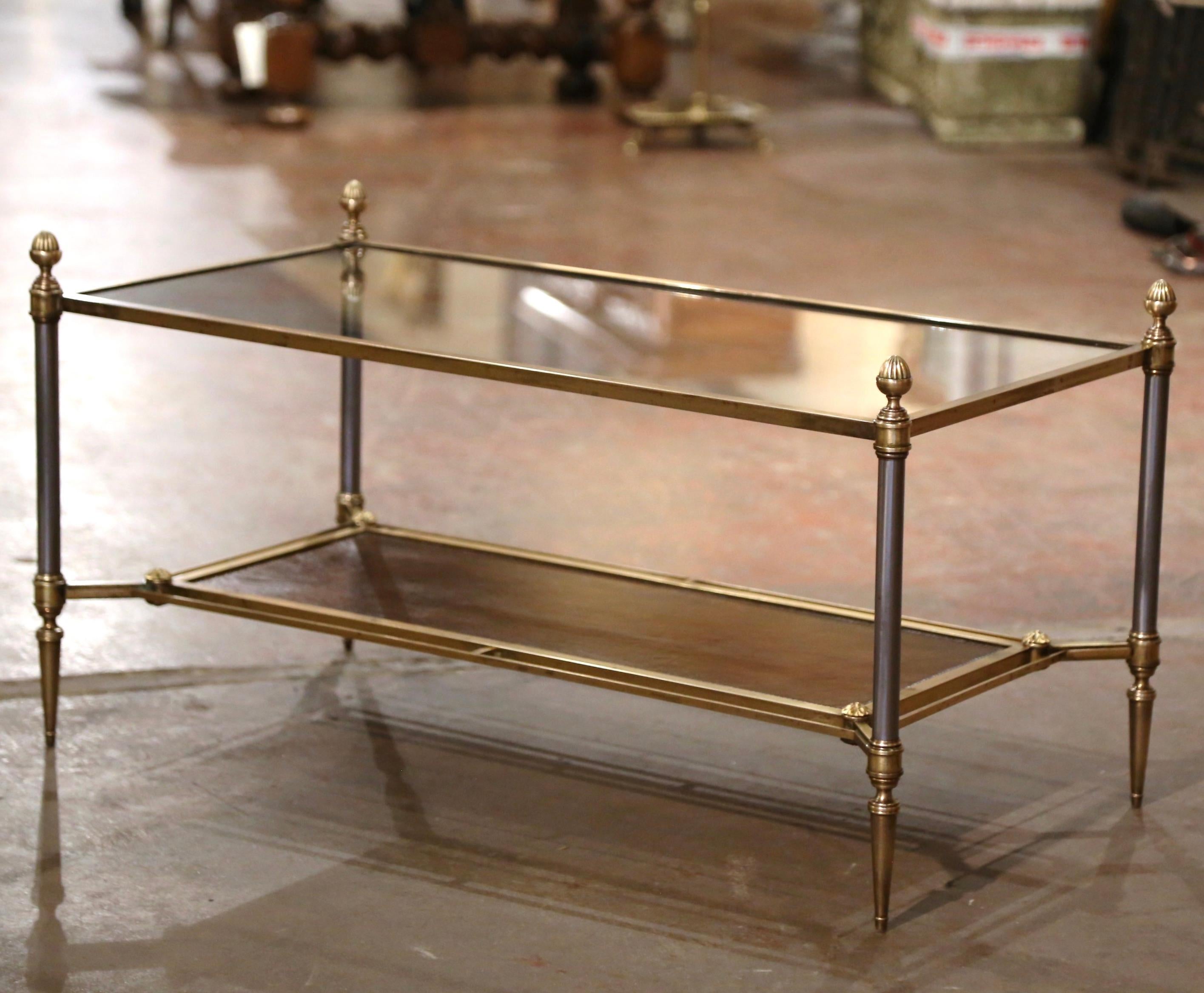 20th Century Mid-Century French Bronze and Leather Two-Tier Coffee Table from Maison Jansen