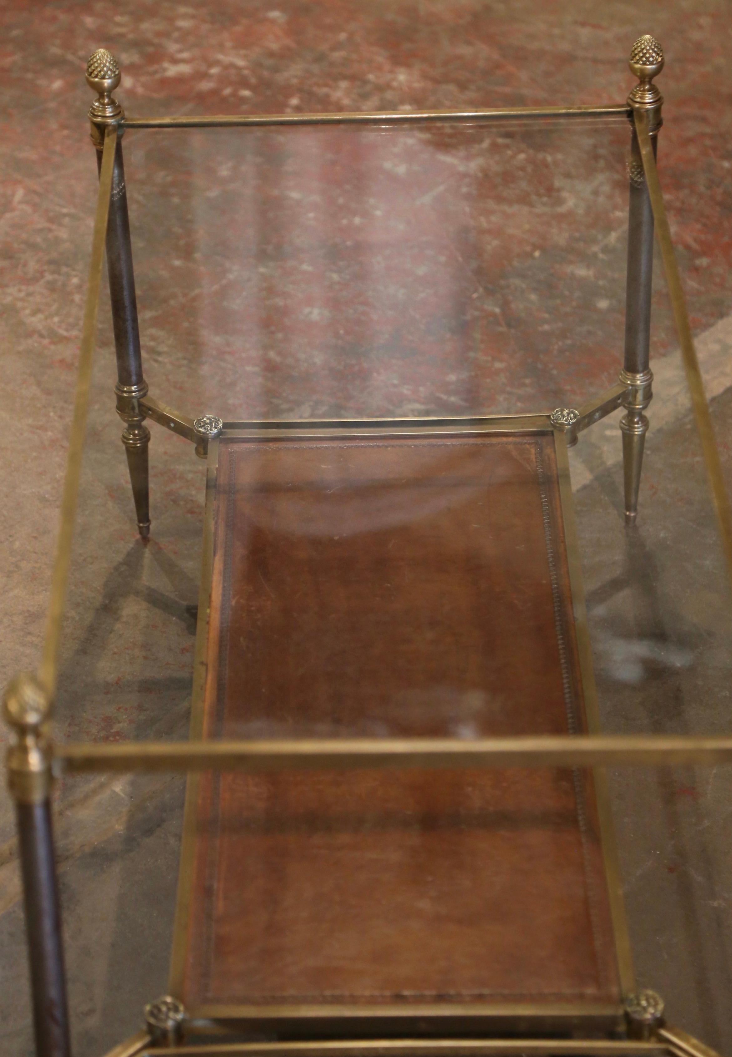 20th Century Mid-Century French Bronze and Leather Two-Tier Coffee Table from Maison Jansen