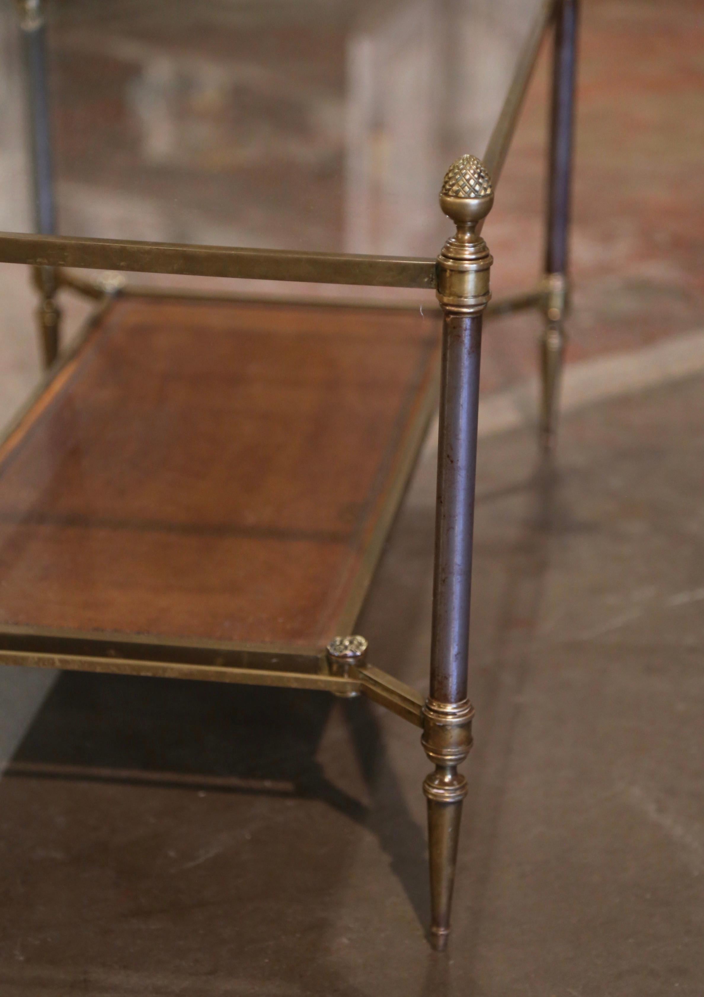 Mid-Century French Bronze and Leather Two-Tier Coffee Table from Maison Jansen 1