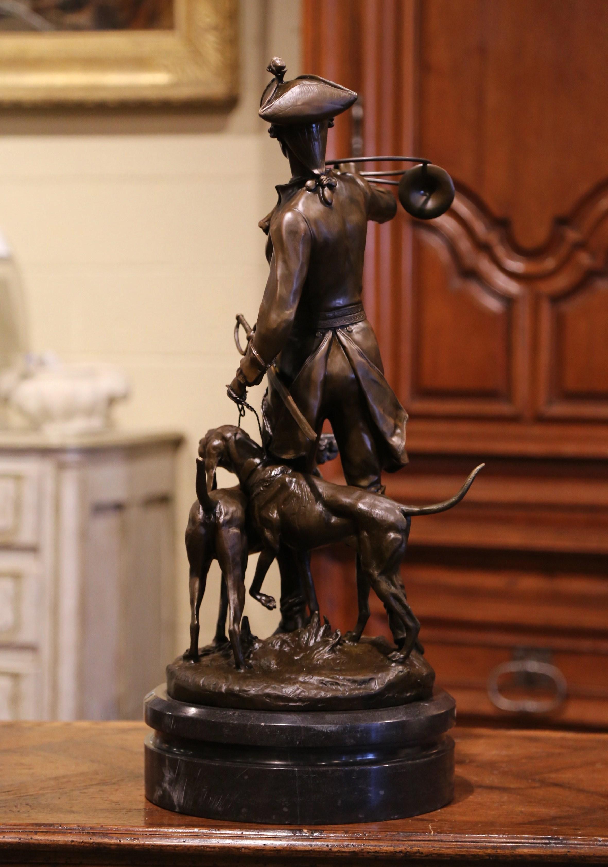 20th Century Midcentury French Bronze and Marble Hunt Sculpture Composition Signed Moreau