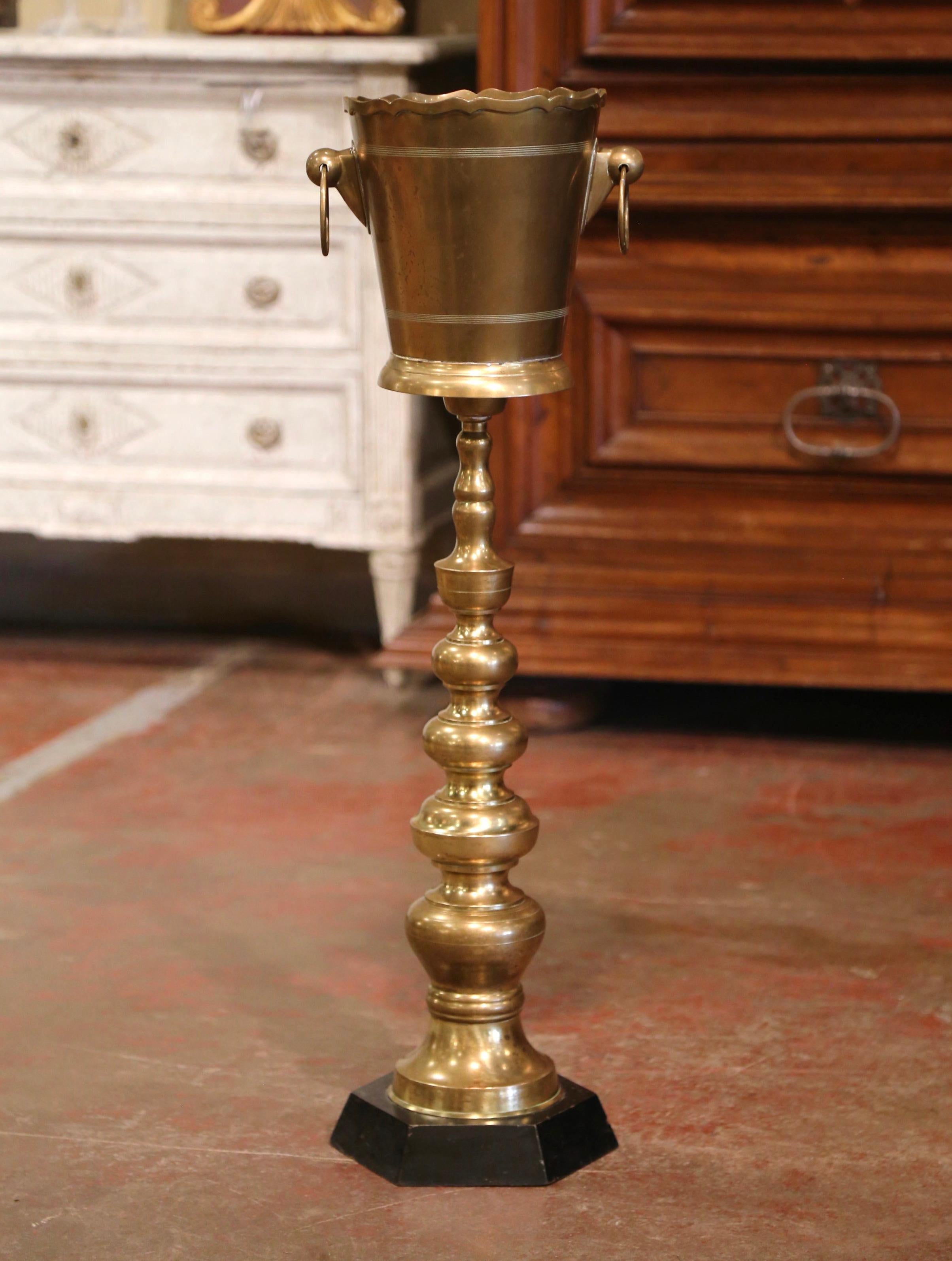 Mid-Century French Bronze Champagne Cooler on Pedestal and Wooden Stand In Excellent Condition In Dallas, TX