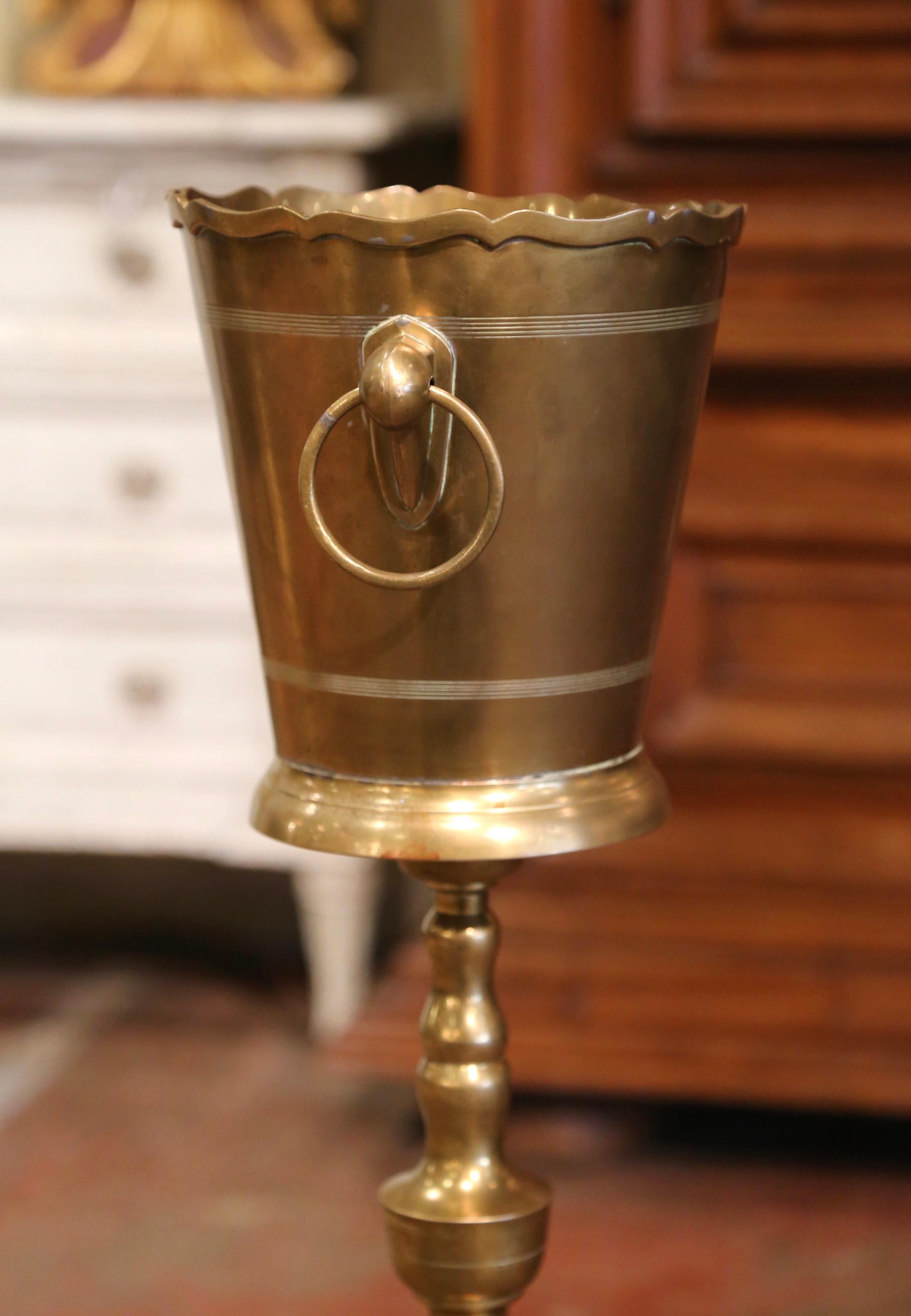 Brass Mid-Century French Bronze Champagne Cooler on Pedestal and Wooden Stand