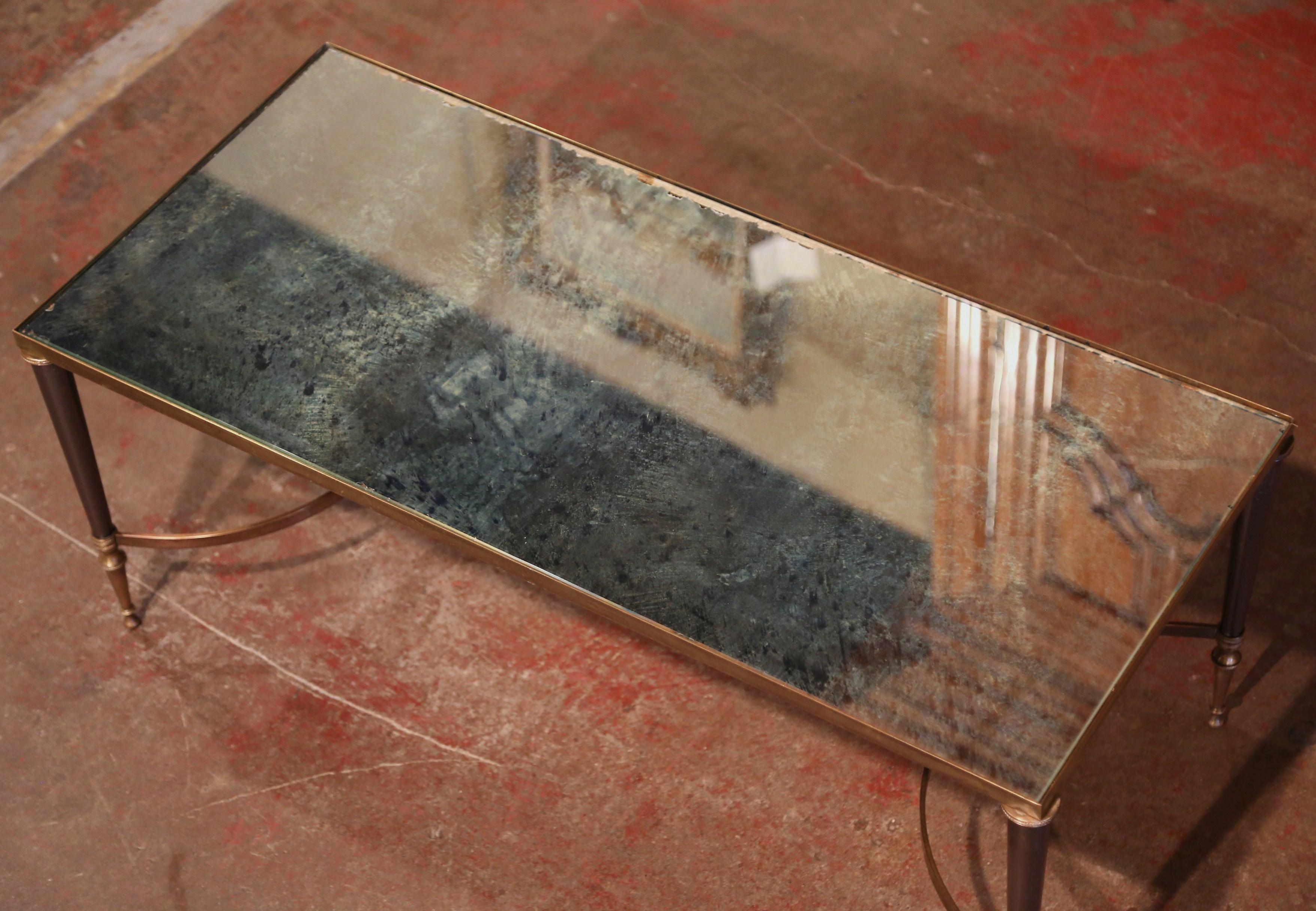 Art Deco Mid-Century French Bronze Dore Mirrored Coffee Table from Maison Baguès