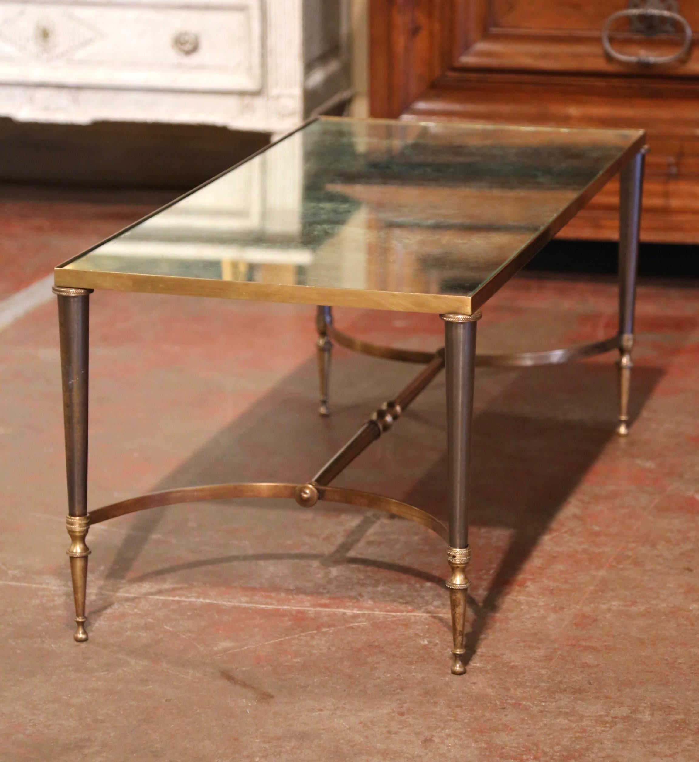 20th Century Mid-Century French Bronze Dore Mirrored Coffee Table from Maison Baguès