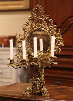 Midcentury French Bronze Four-Arm Candle Holder Table Vanity Mirror