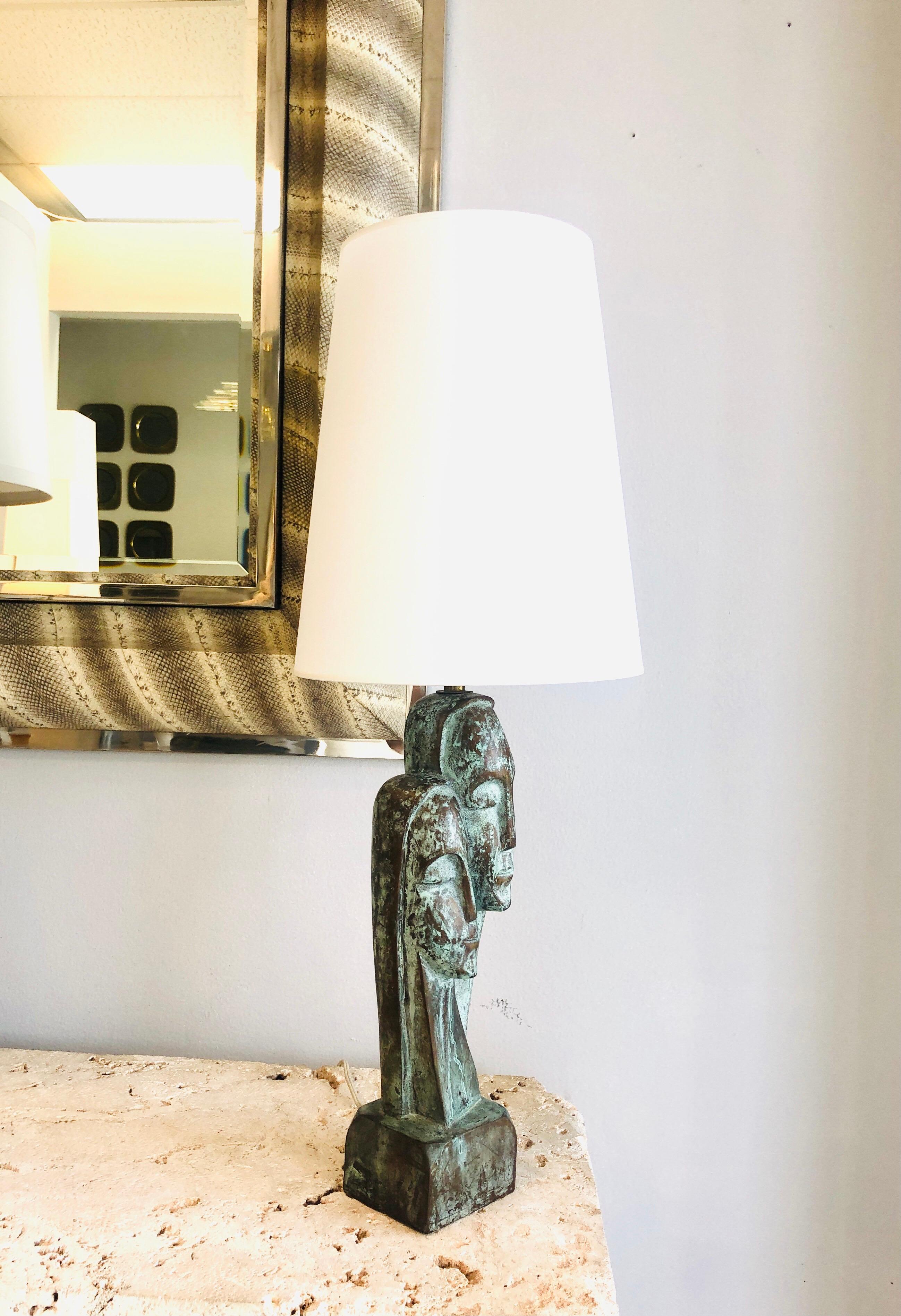 Mid Century French Bronze Verdigris Sculpture Table Lamp For Sale 4