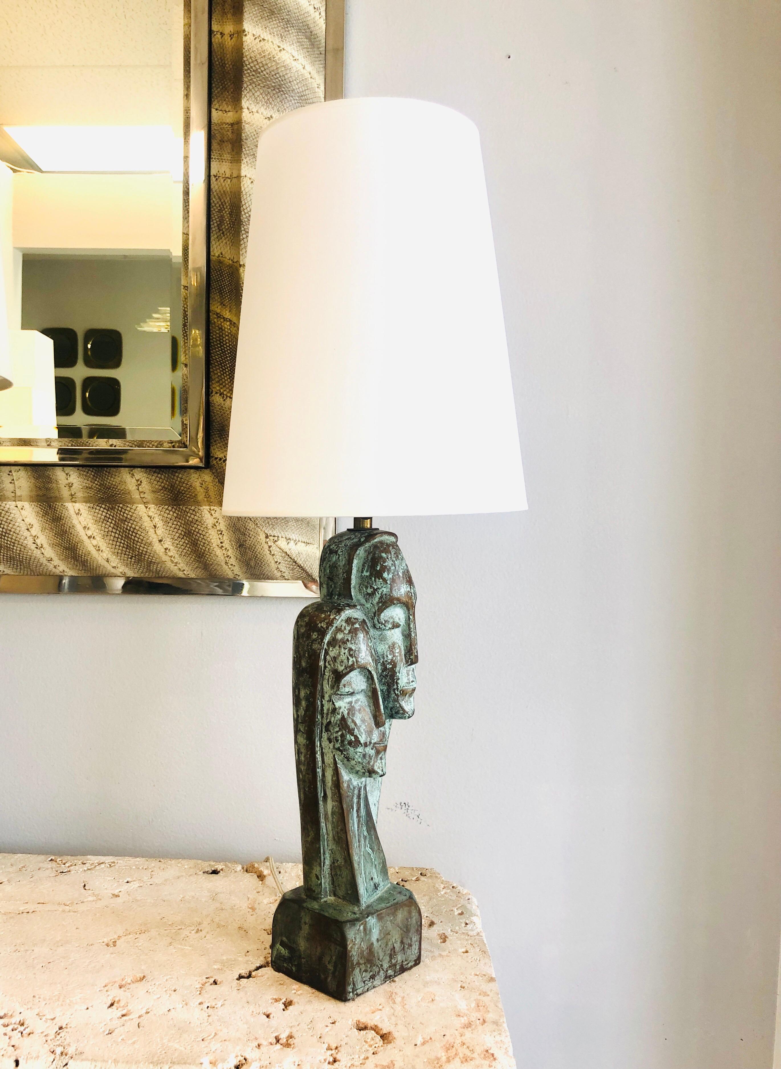 Mid Century French Bronze Verdigris Sculpture Table Lamp For Sale 6