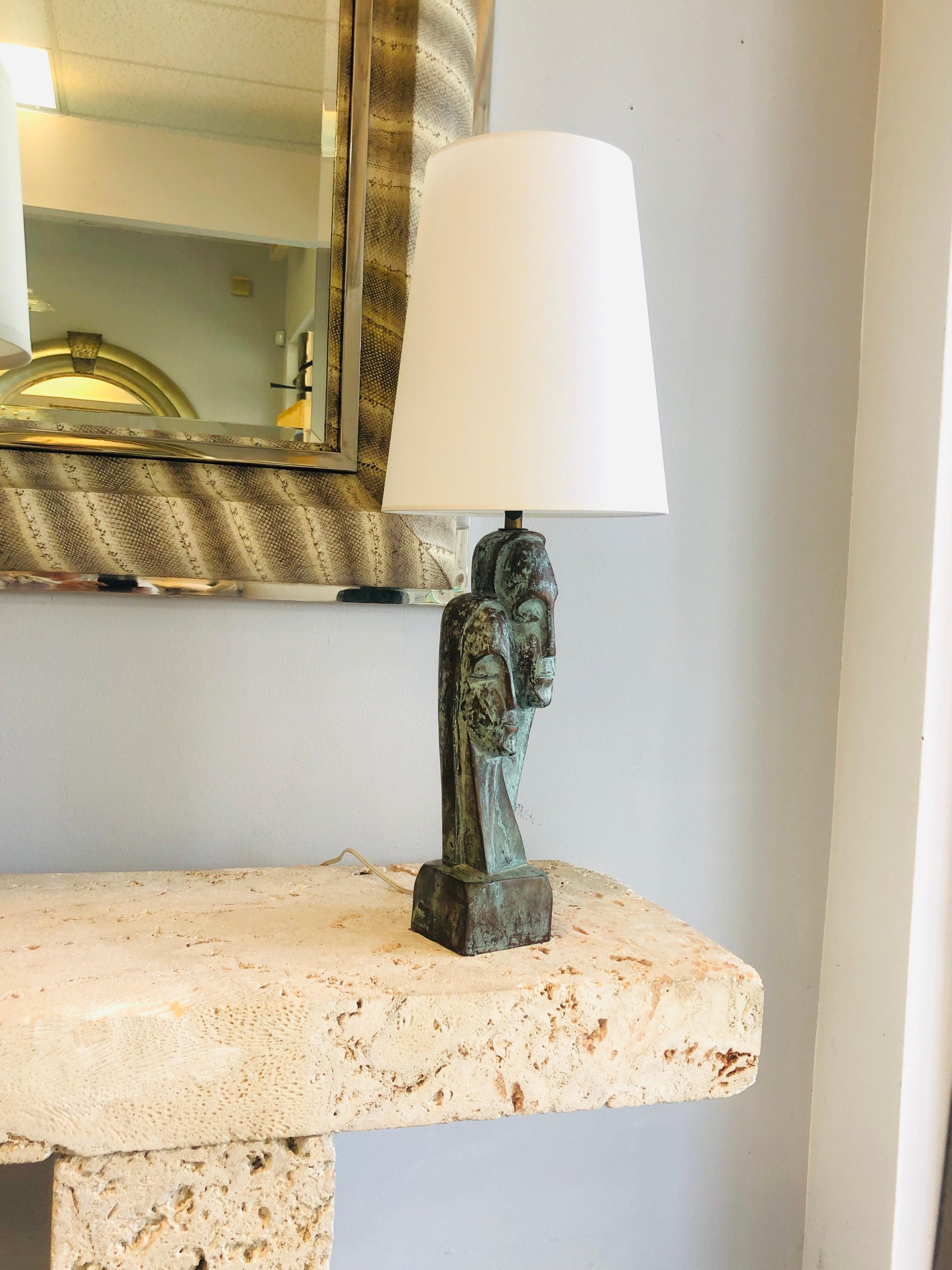 Mid Century French Bronze Verdigris Sculpture Table Lamp In Good Condition For Sale In Miami, FL