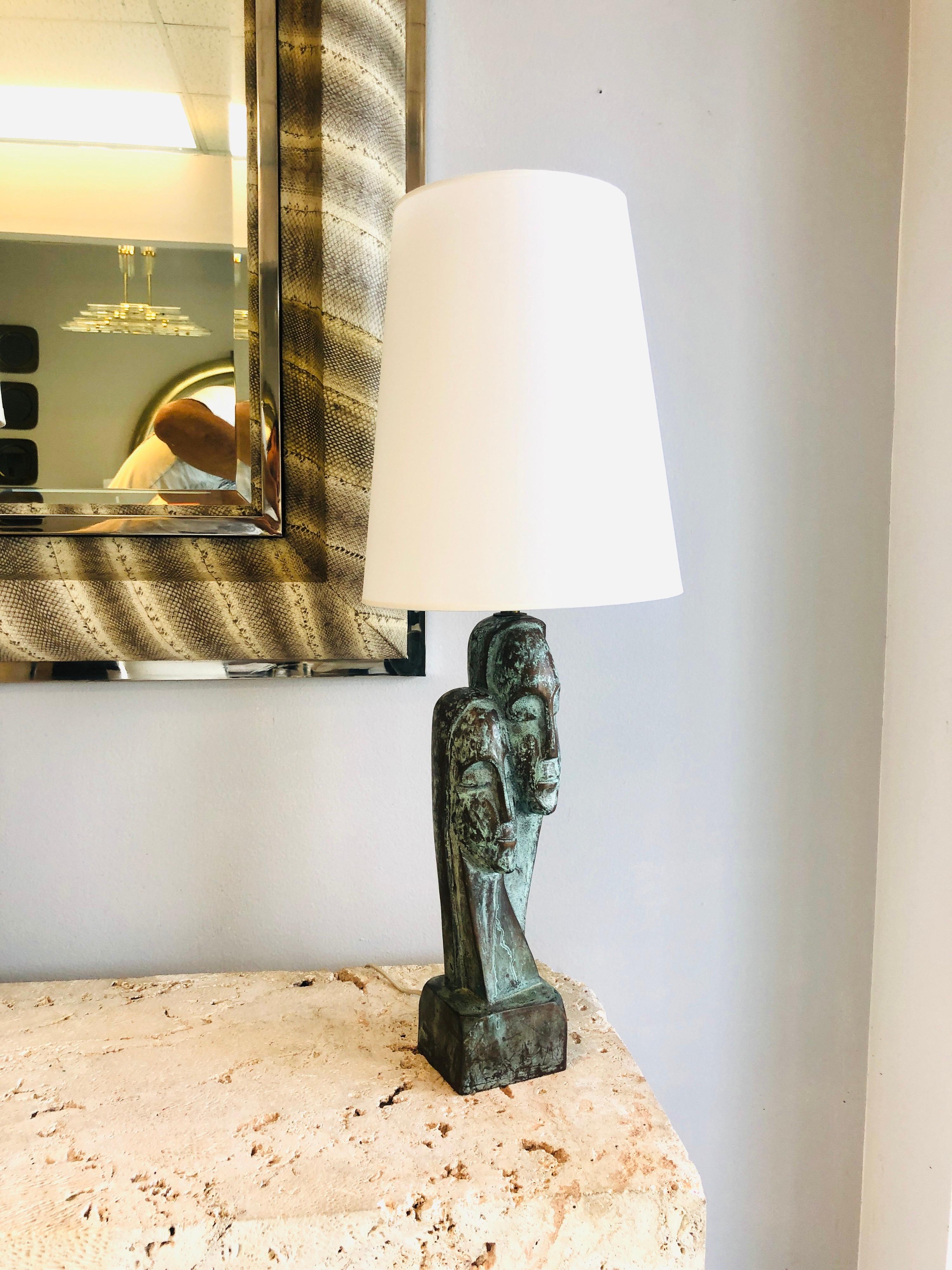 Mid-20th Century Mid Century French Bronze Verdigris Sculpture Table Lamp For Sale