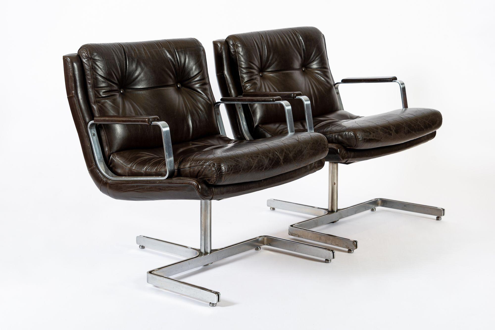 Mid Century French Brown Leather Lounge Chairs by Raphael Raffel 1970s en vente 4