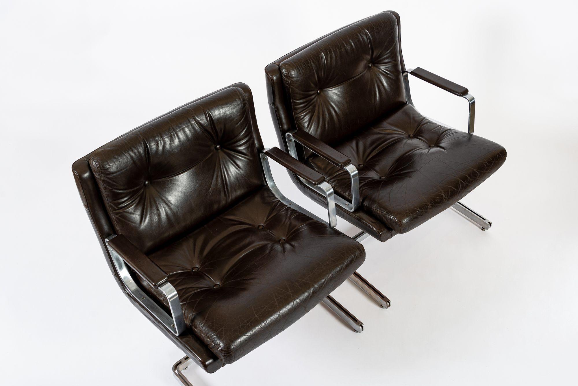 Métal Mid Century French Brown Leather Lounge Chairs by Raphael Raffel 1970s en vente