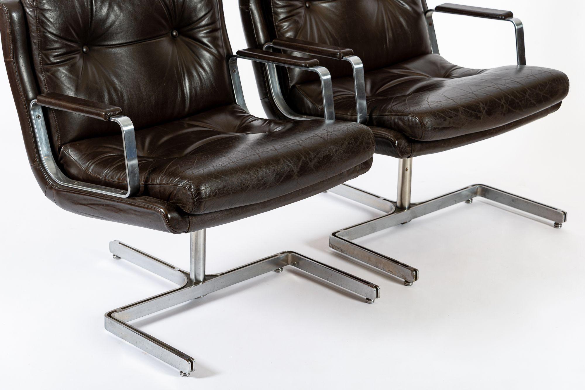 Mid Century French Brown Leather Lounge Chairs by Raphael Raffel 1970s en vente 2