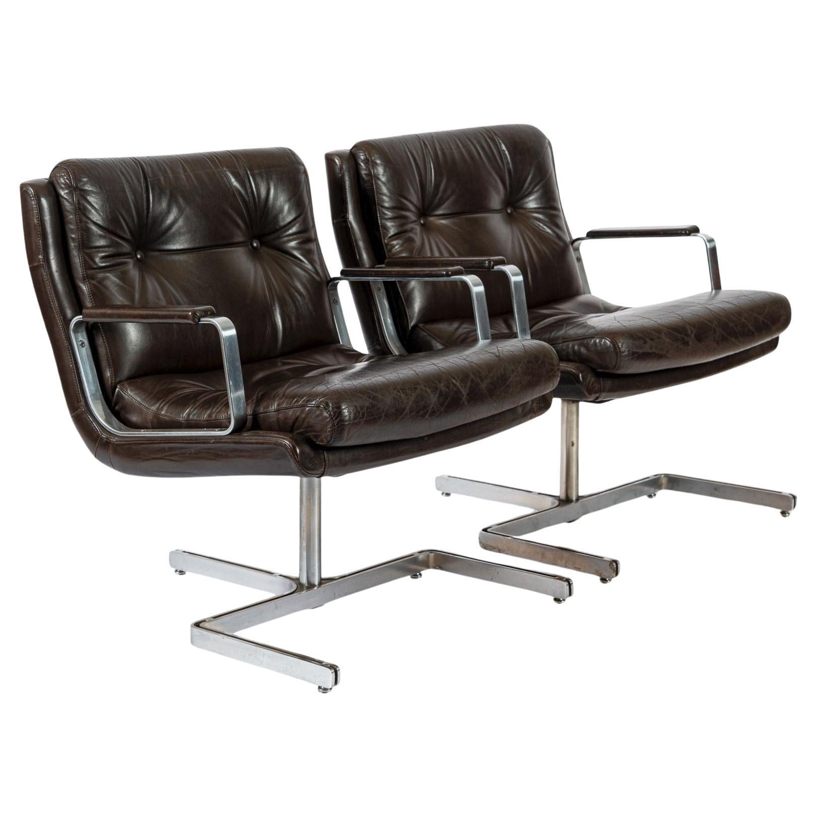 Mid Century French Brown Leather Lounge Chairs by Raphael Raffel 1970s