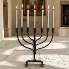 Mid-Century French Brutalist Hand-Forged Iron Seven-Light Candelabrum
