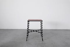 Mid-Century French Brutalist Tile Table, Red Ceramic, Twisted Iron Frame