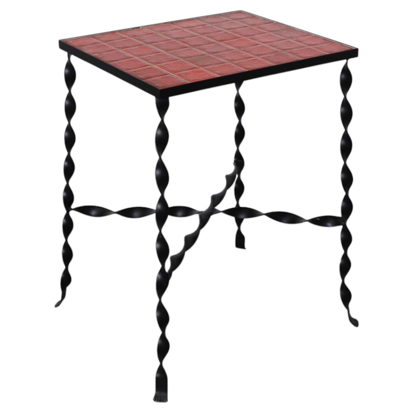 Mid-Century French Brutalist Tile Table, Red Ceramic, Twisted Iron Frame
