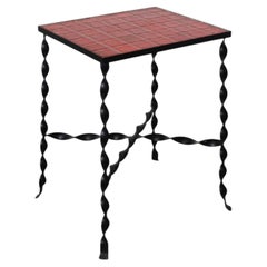Mid-Century French Brutalist Tile Table, Red Ceramic, Twisted Iron Frame