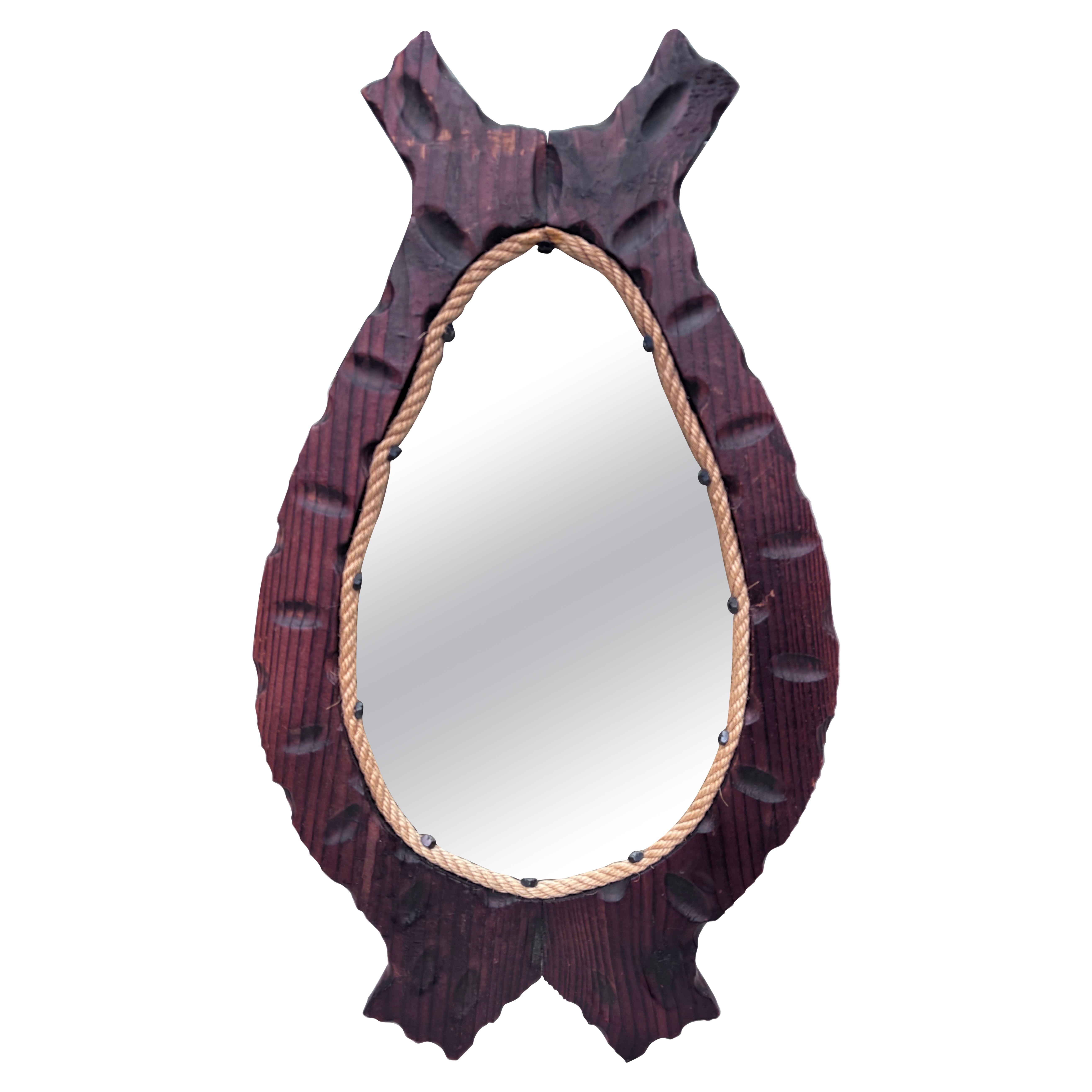 Mid-Century French Brutalist Wood Mirror