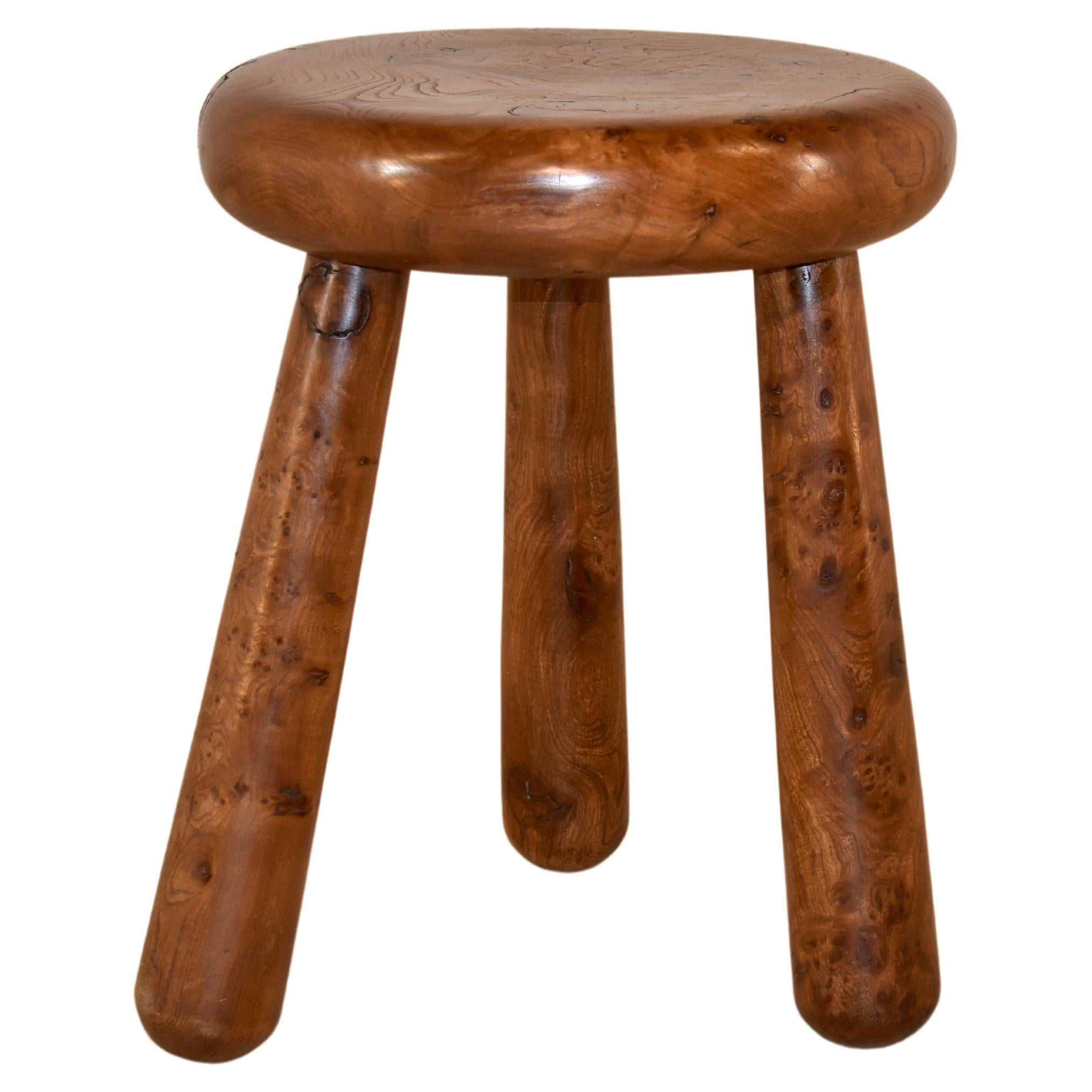 Midcentury French Burl Elm Stool For Sale