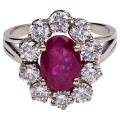 Mid Century French Burma No Heat 2.28 Carat Ruby Diamond 18k Gold Cluster Ring