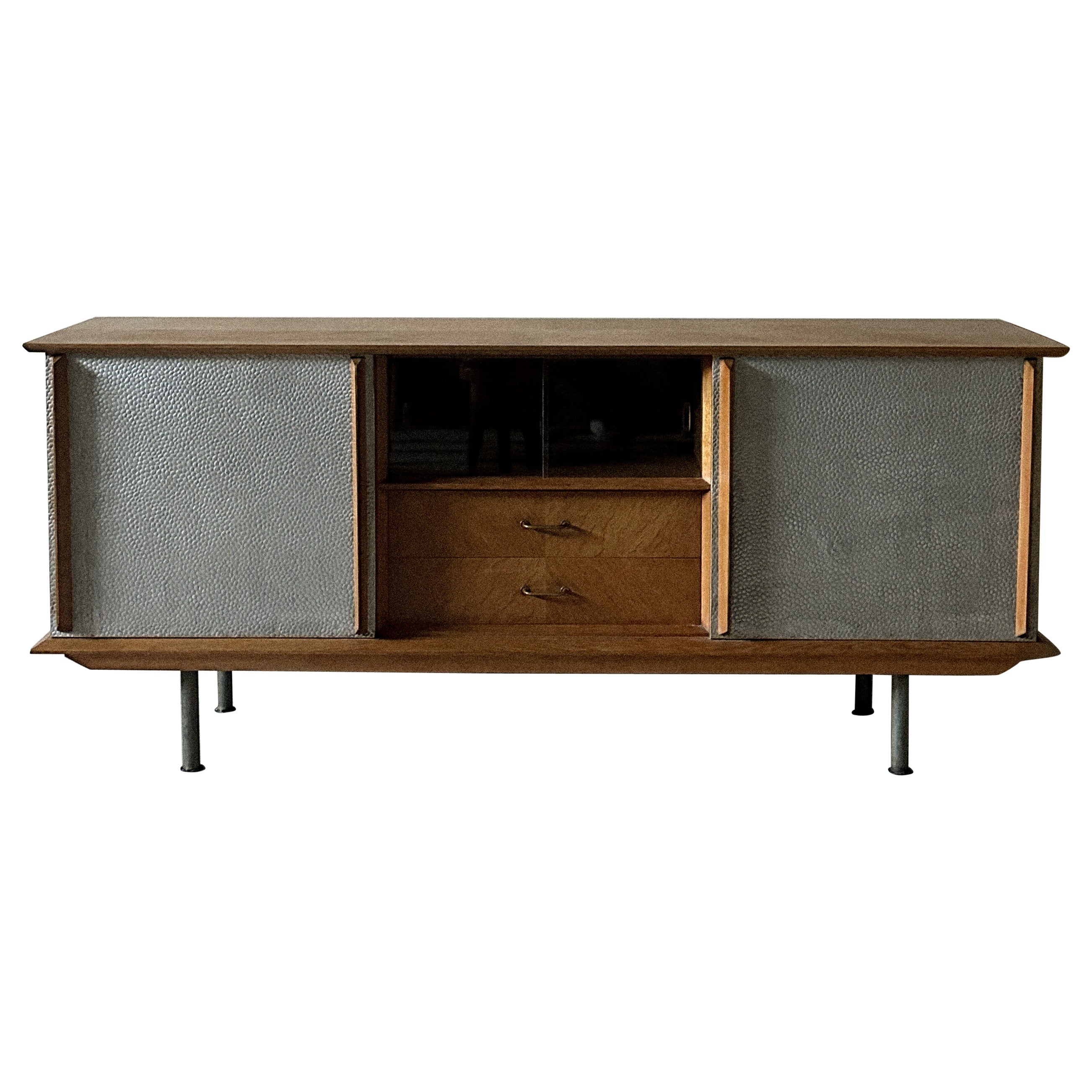 Mid-Century French Cabinet with Aluminium and Glass Doors, France 1950s