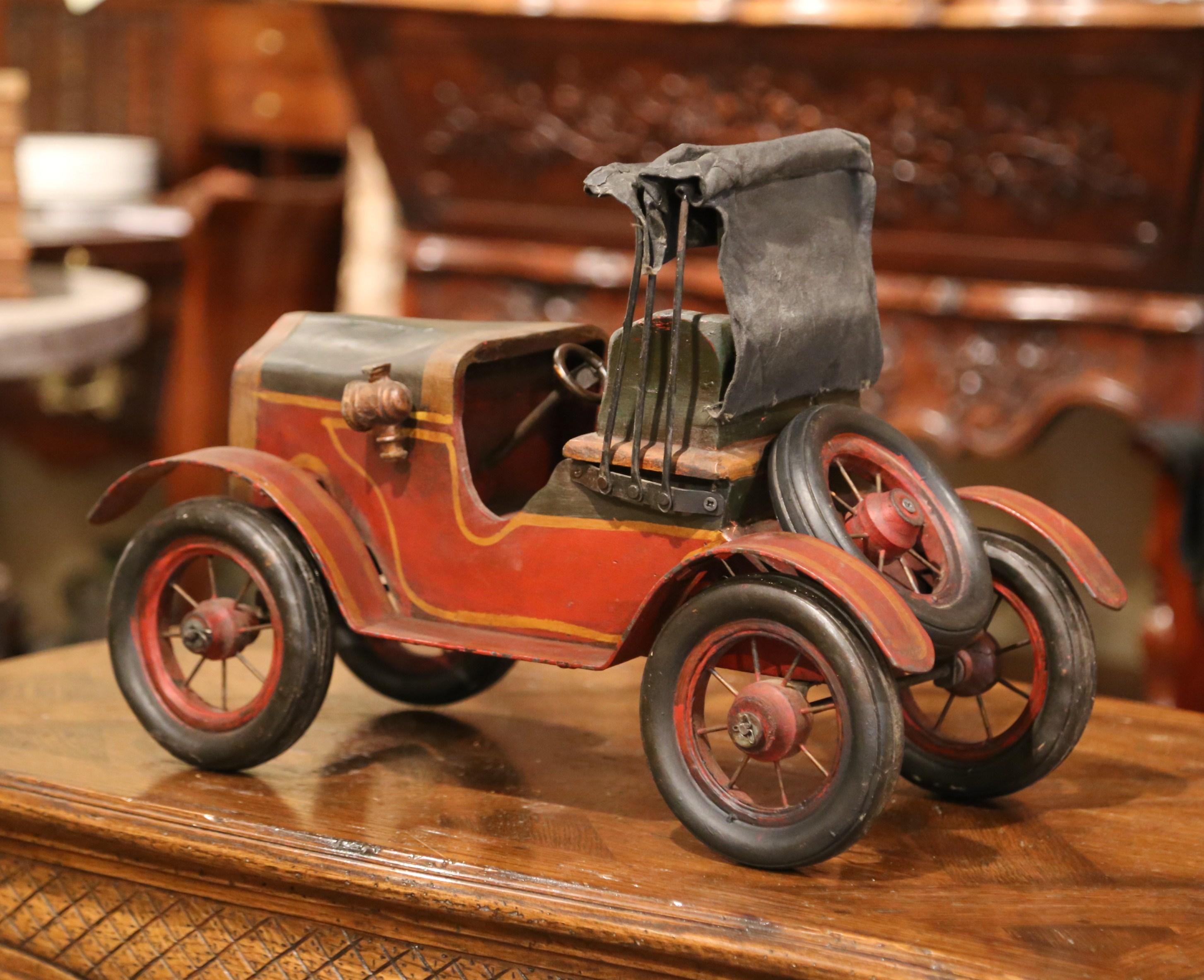 Midcentury French Carved and Metal Painted Vintage Model Car with Canvas Top In Excellent Condition In Dallas, TX