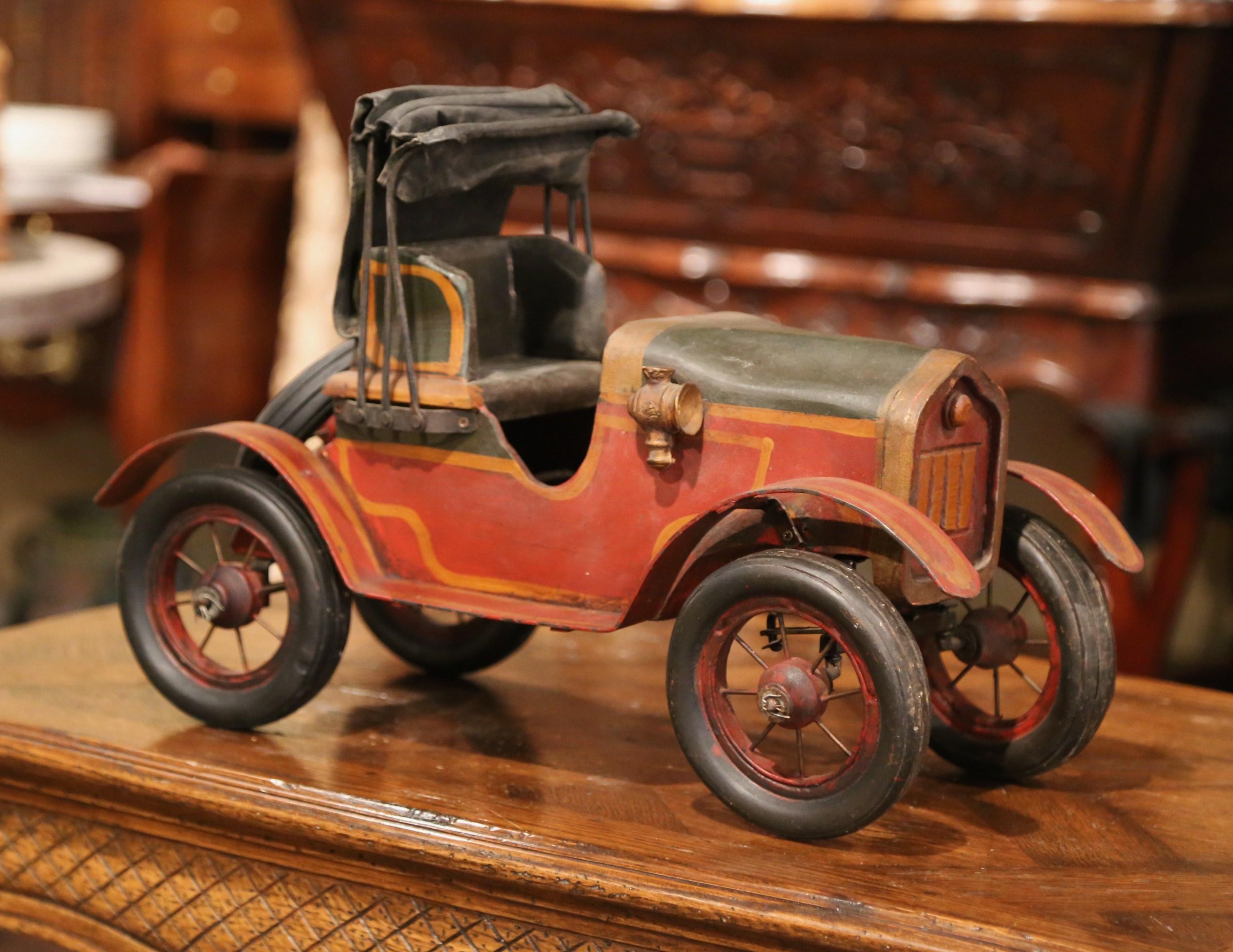 20th Century Midcentury French Carved and Metal Painted Vintage Model Car with Canvas Top