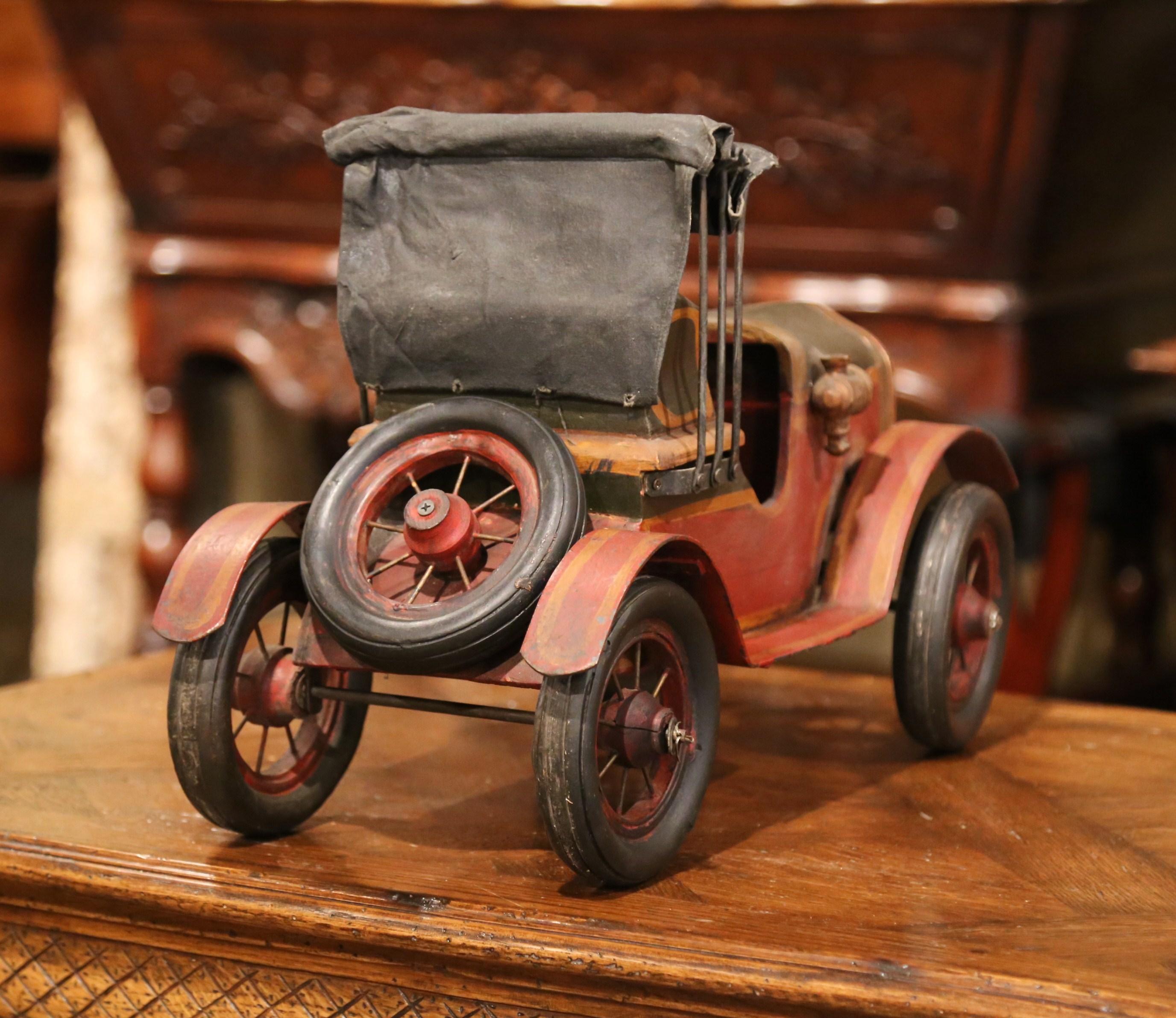Midcentury French Carved and Metal Painted Vintage Model Car with Canvas Top 3