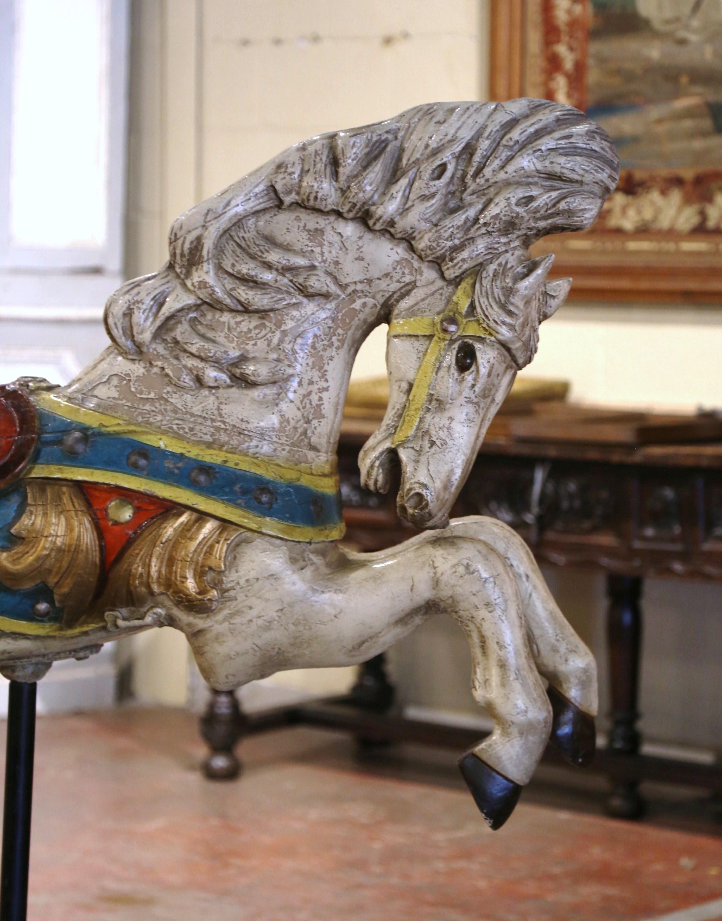 Mid-Century French Carved and Painted Carousel Horse on Metal Stand For Sale 3