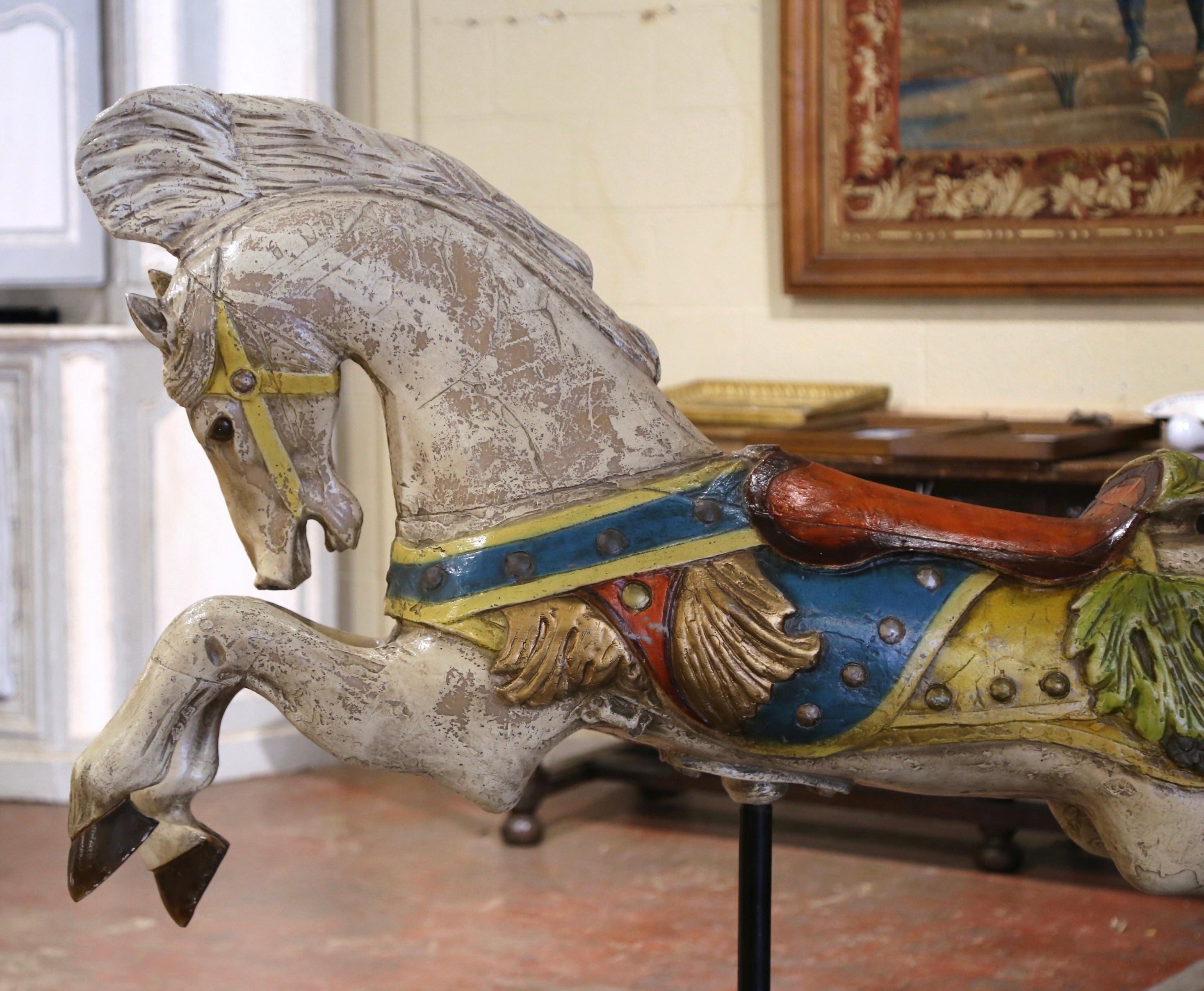 Country Mid-Century French Carved and Painted Carousel Horse on Metal Stand For Sale