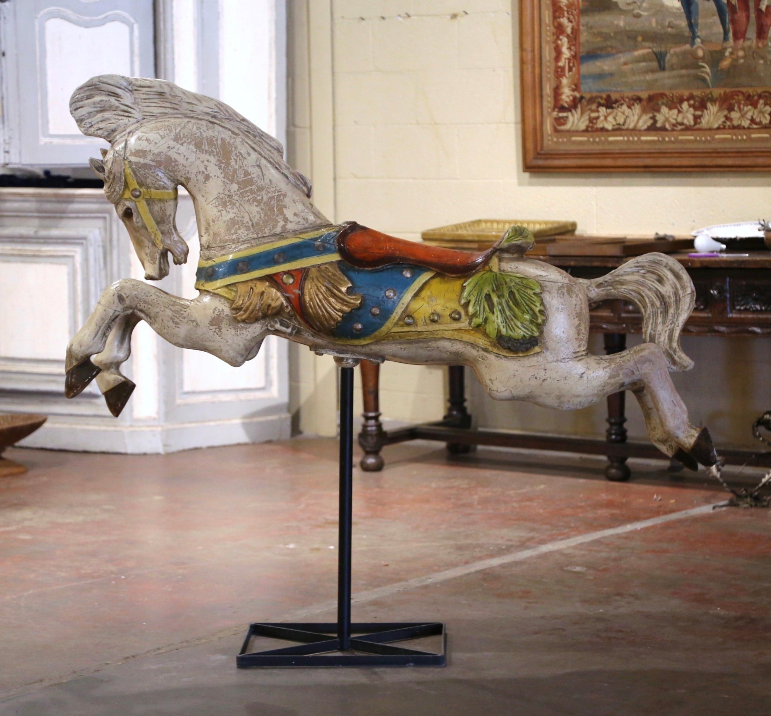 Mid-Century French Carved and Painted Carousel Horse on Metal Stand In Excellent Condition For Sale In Dallas, TX