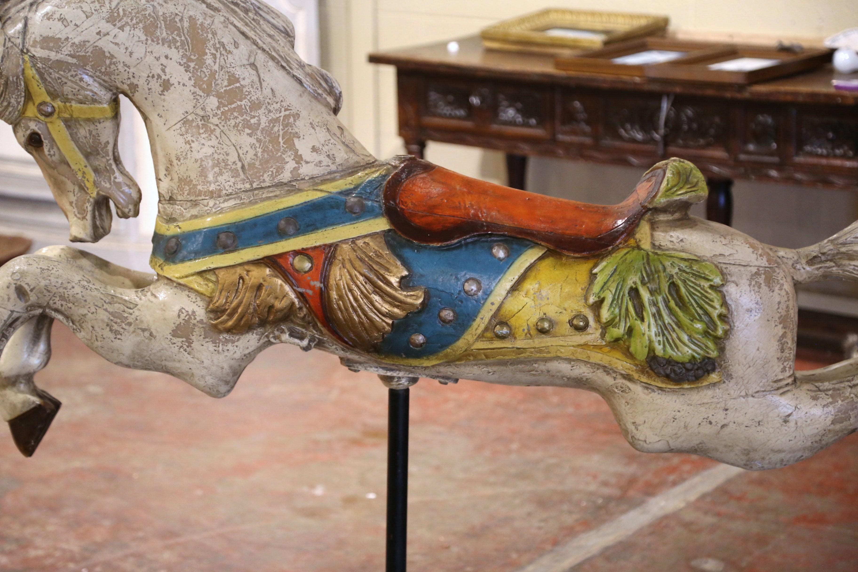 20th Century Mid-Century French Carved and Painted Carousel Horse on Metal Stand For Sale