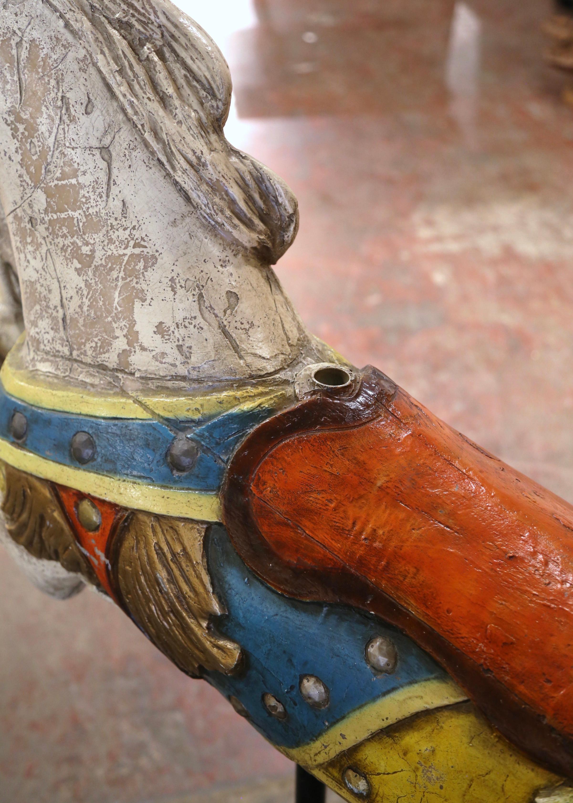 Resin Mid-Century French Carved and Painted Carousel Horse on Metal Stand For Sale