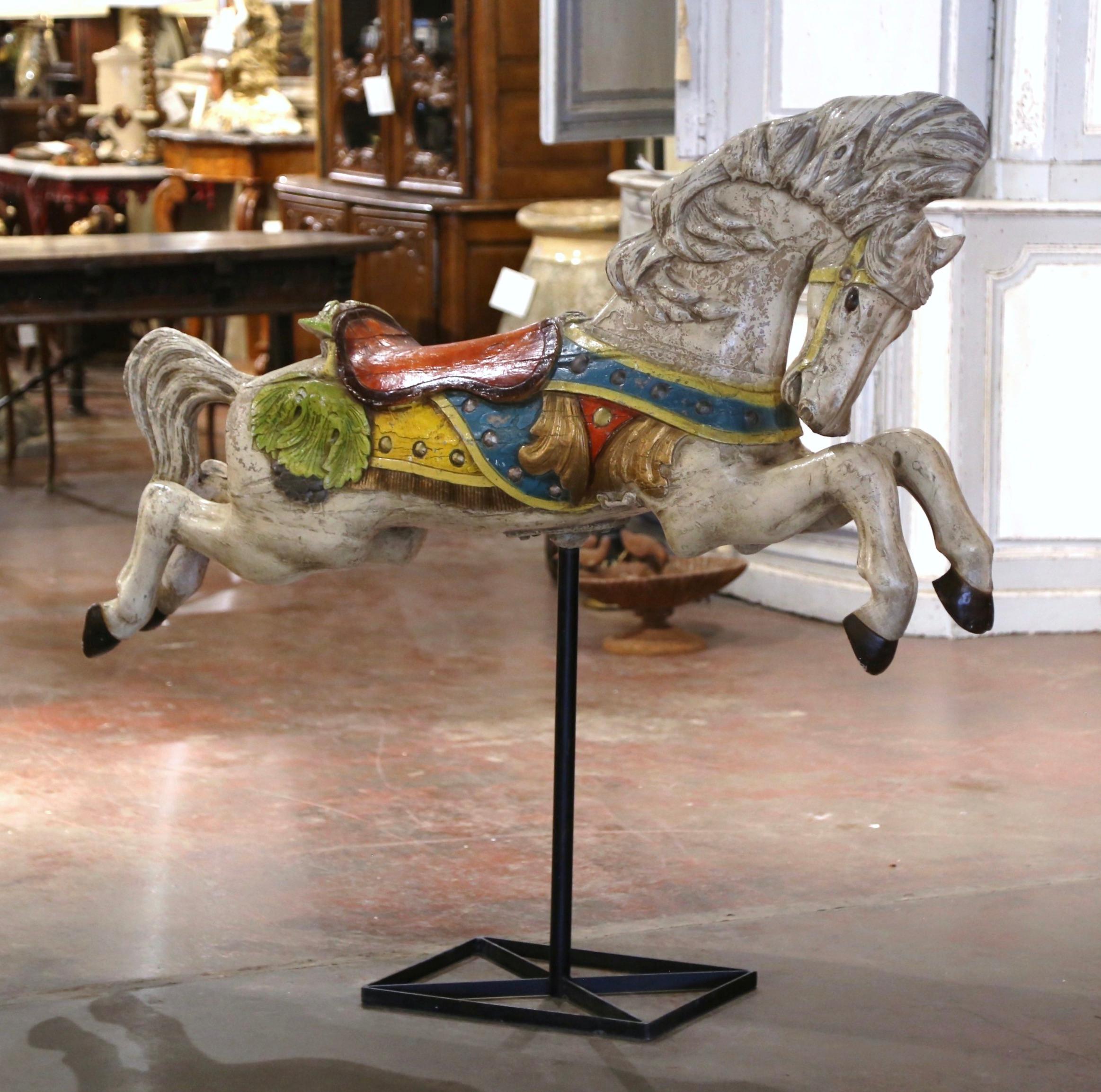 Mid-Century French Carved and Painted Carousel Horse on Metal Stand For Sale 1