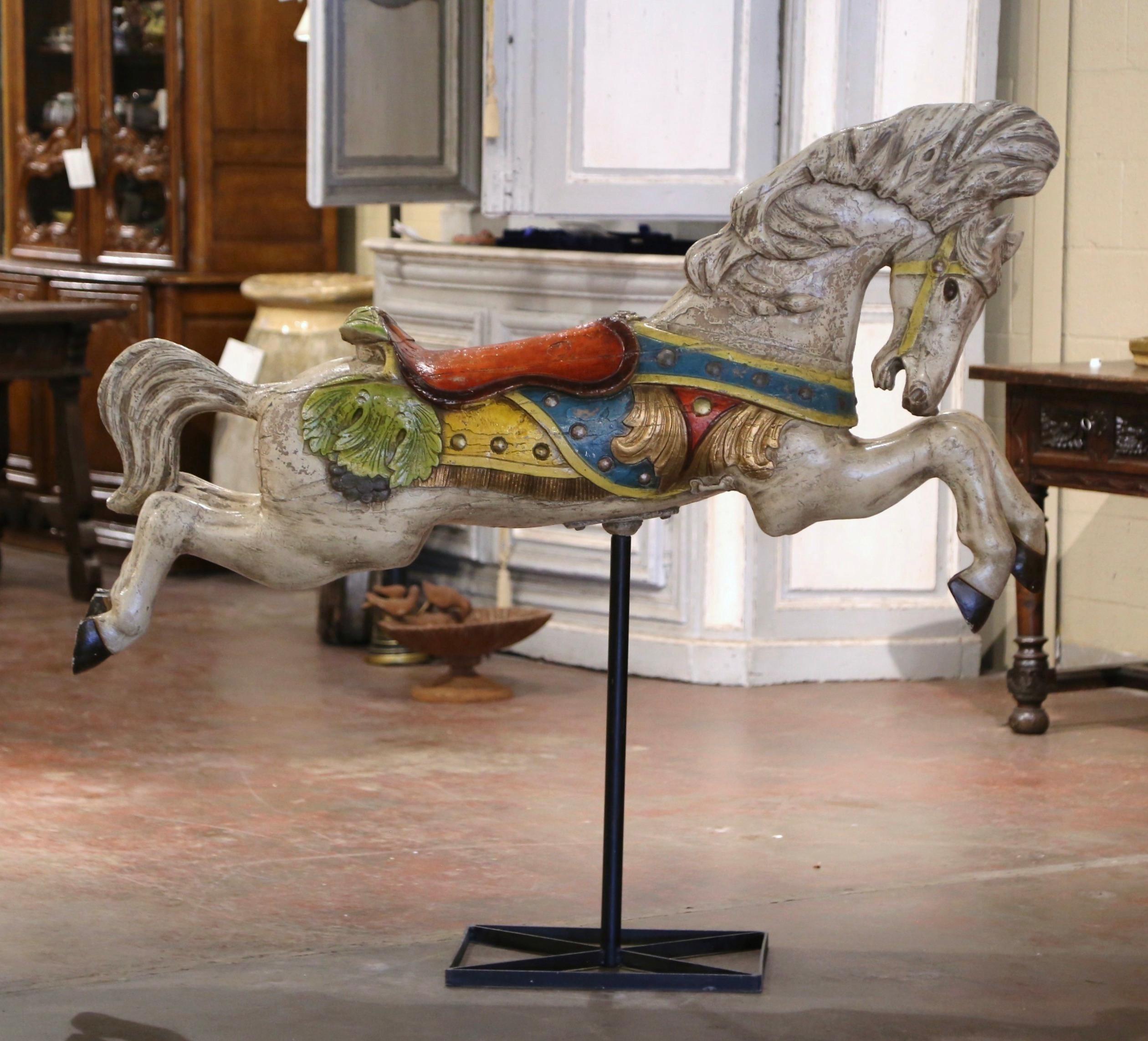 Mid-Century French Carved and Painted Carousel Horse on Metal Stand For Sale 2