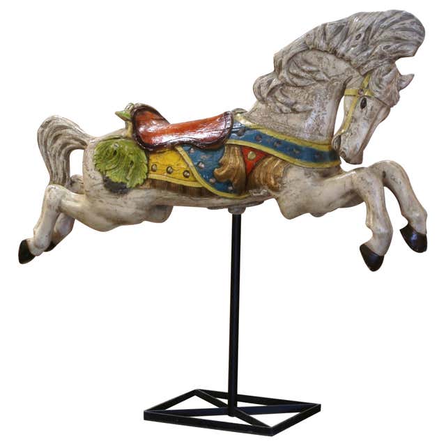 Antique Hand-Painted Wooden Carousel Horse with Saddle - Multicolored ...