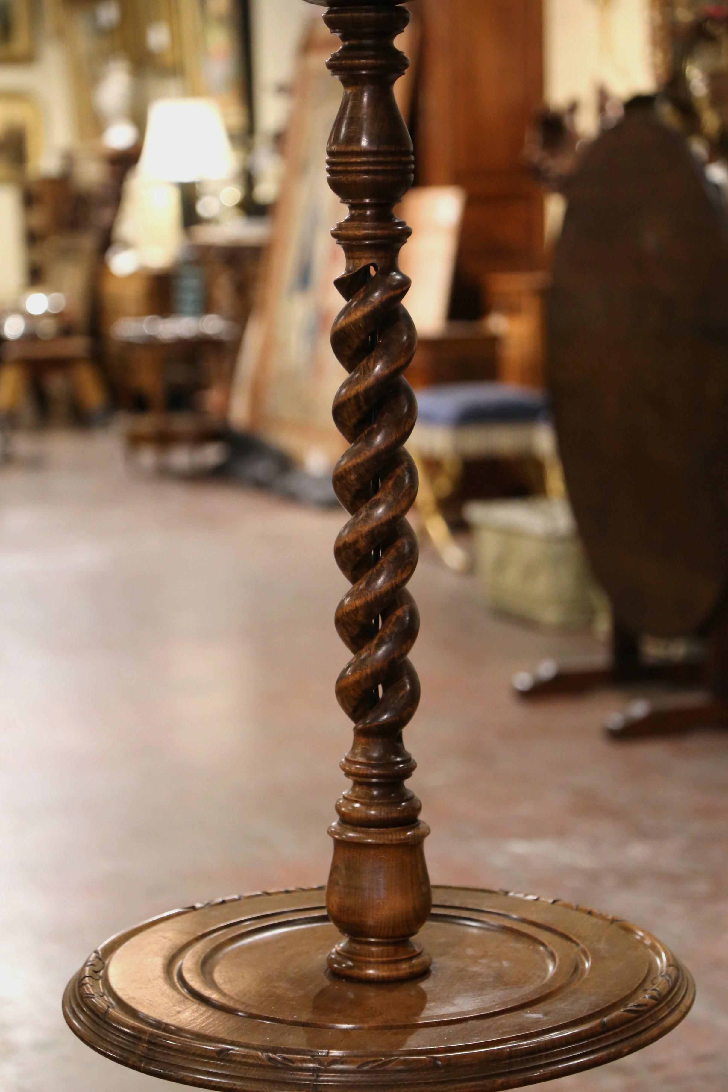Hand-Carved Midcentury French Carved Barley Twist Floor Lamp with Attached Table