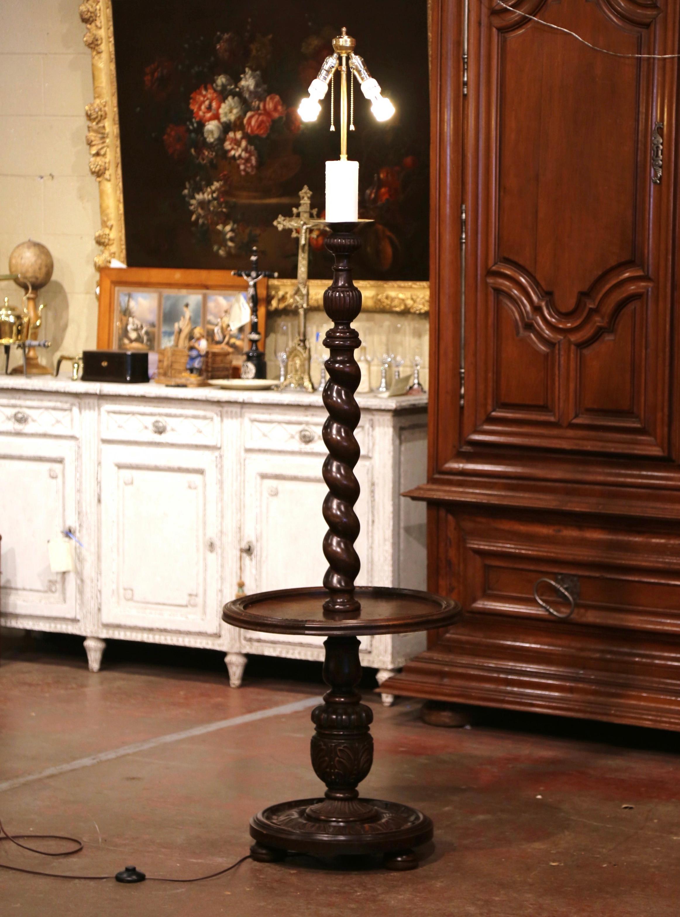 Louis XIII Mid-Century French Carved Barley Twist Two-Light Floor Lamp with Attached Table