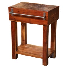 Mid-Century French Carved Beech Wood Butcher Block with Dual Sliding Drawers