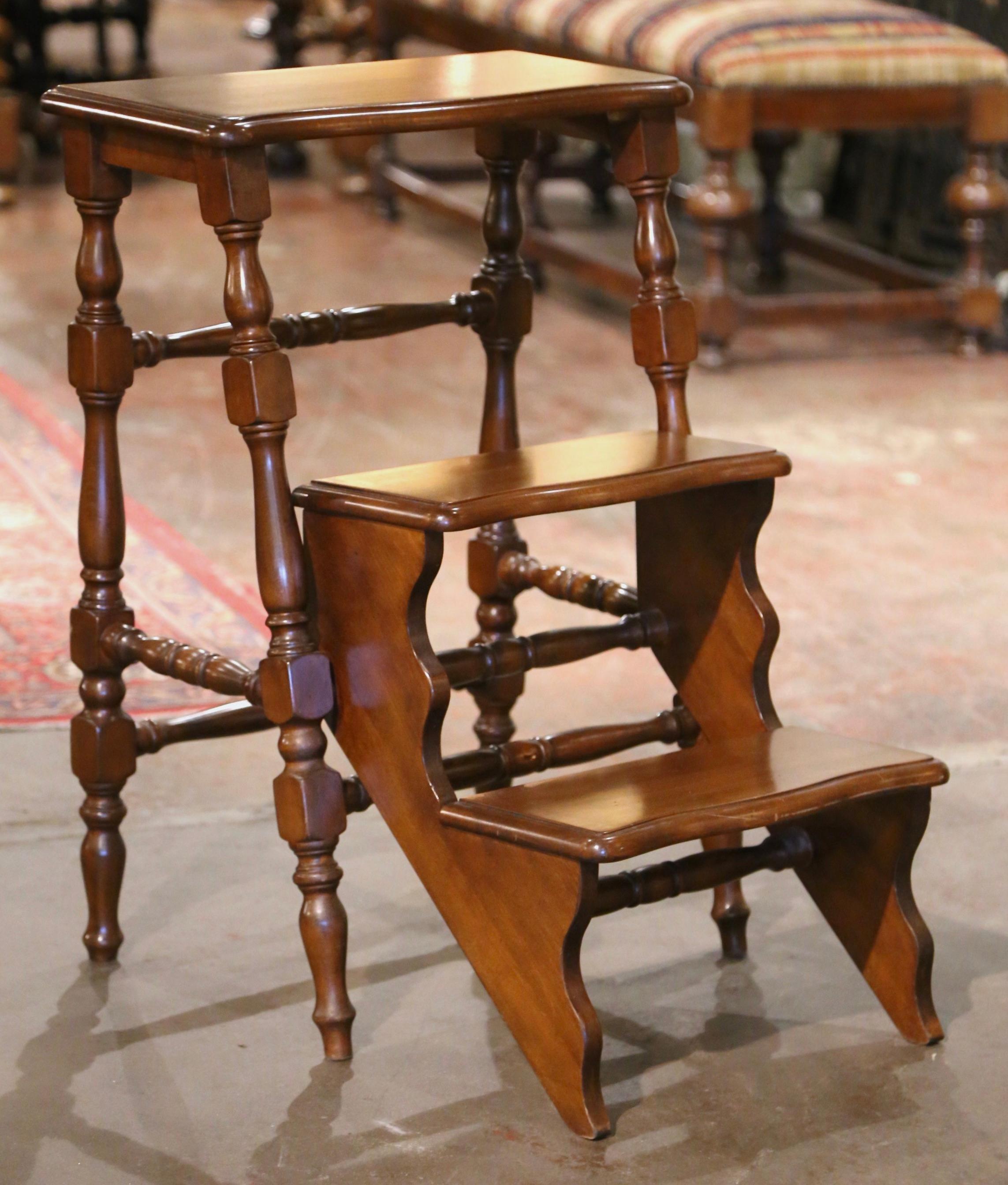 Mid-Century French Carved Beech Wood Metamorphic Folding Library Step Ladder In Excellent Condition In Dallas, TX